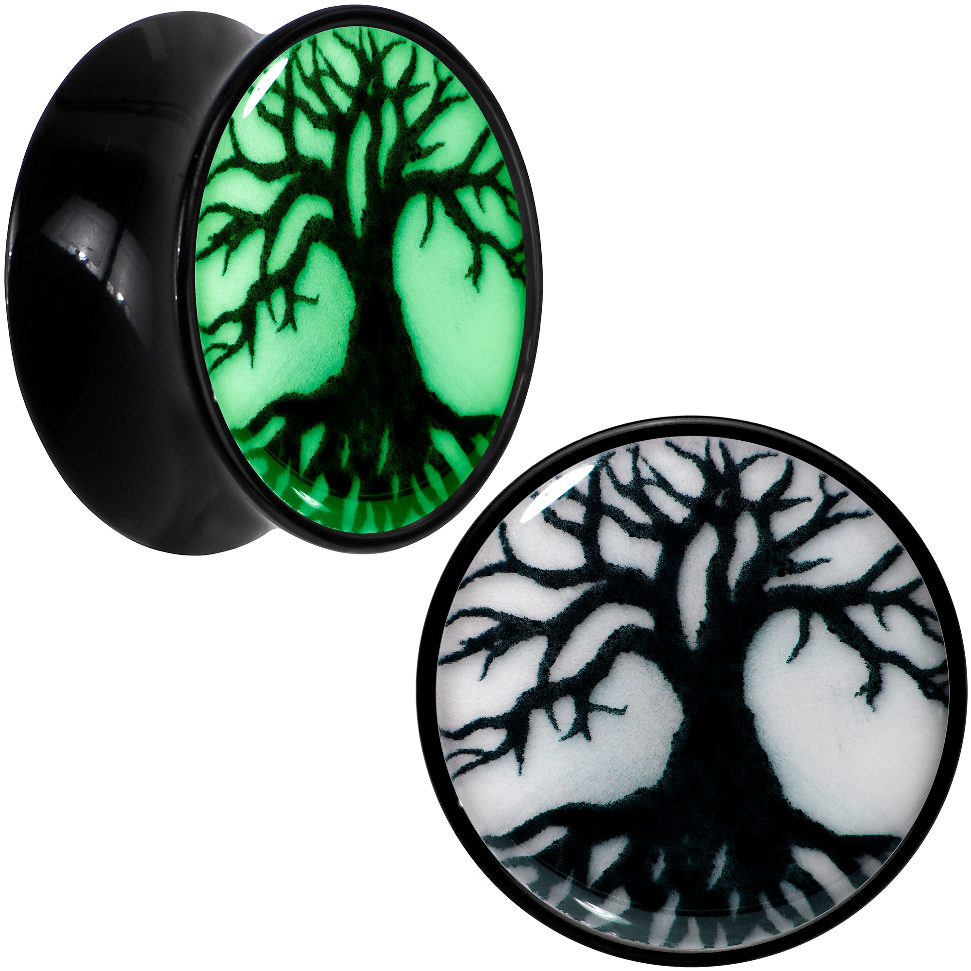 Black Acrylic Tree Of Life Glow in the Dark Double Flare Plug Set