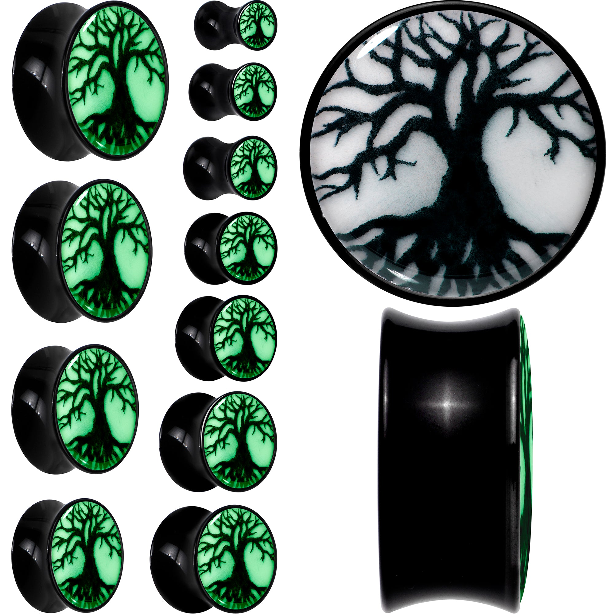 Black Acrylic Tree Of Life Glow in the Dark Double Flare Plug Set