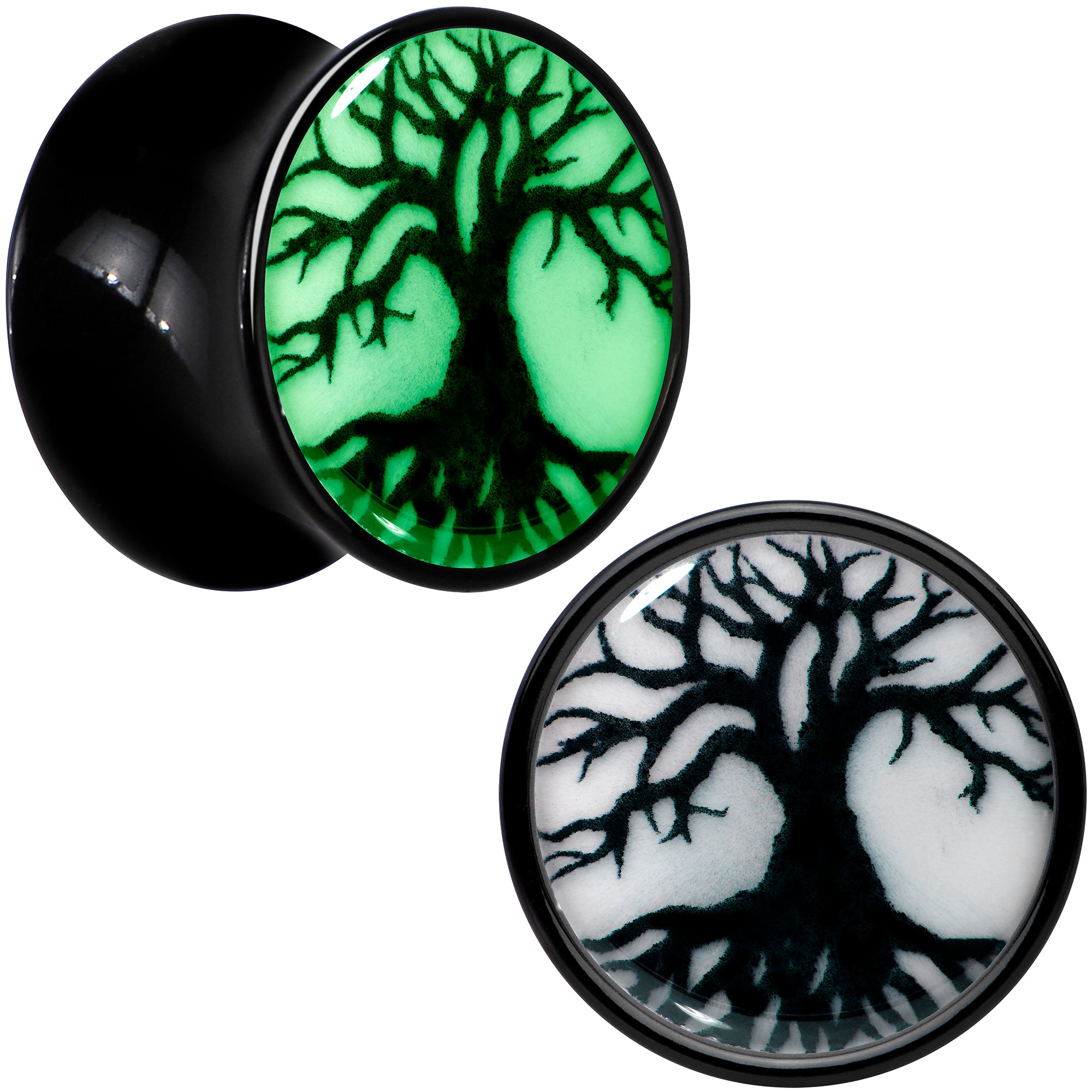 Black Acrylic Tree Of Life Glow in the Dark Double Flare Plug Set