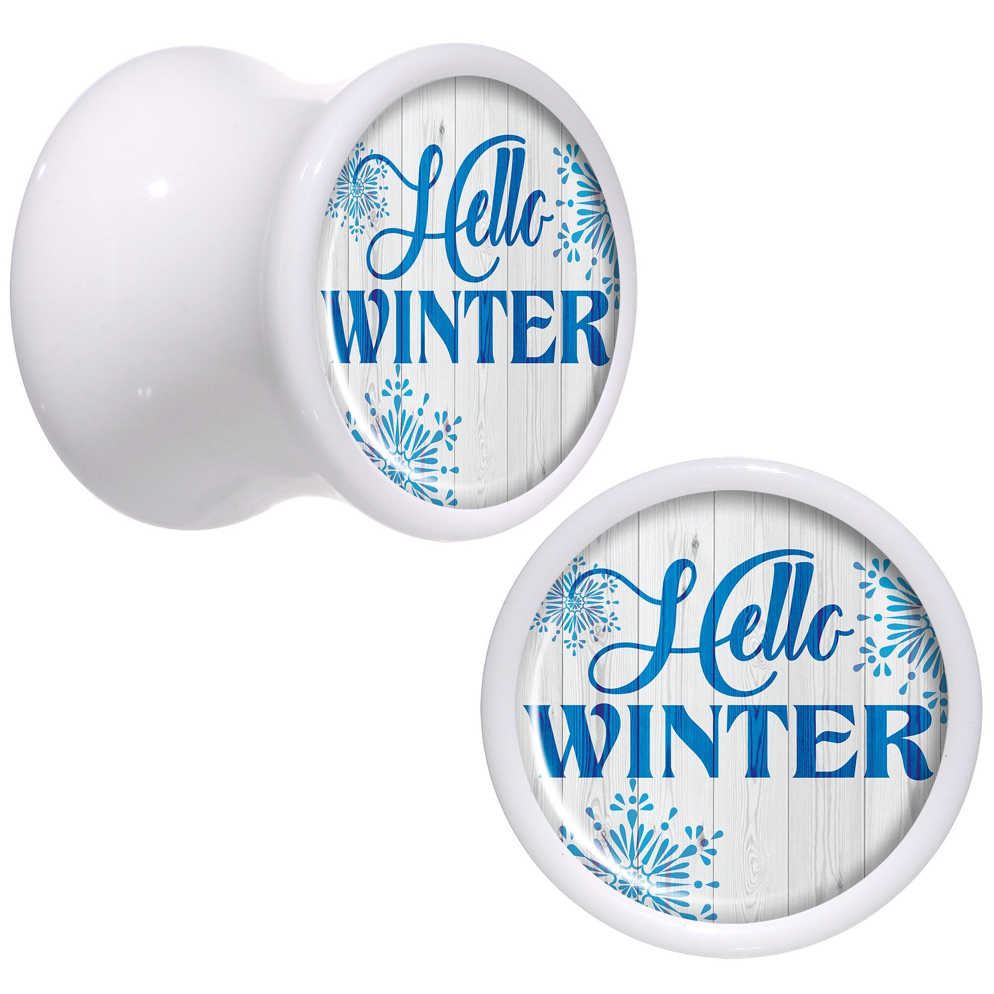 Hello Winter Snowflake White Acrylic Saddle Plug Set Sizes 5mm to 20mm