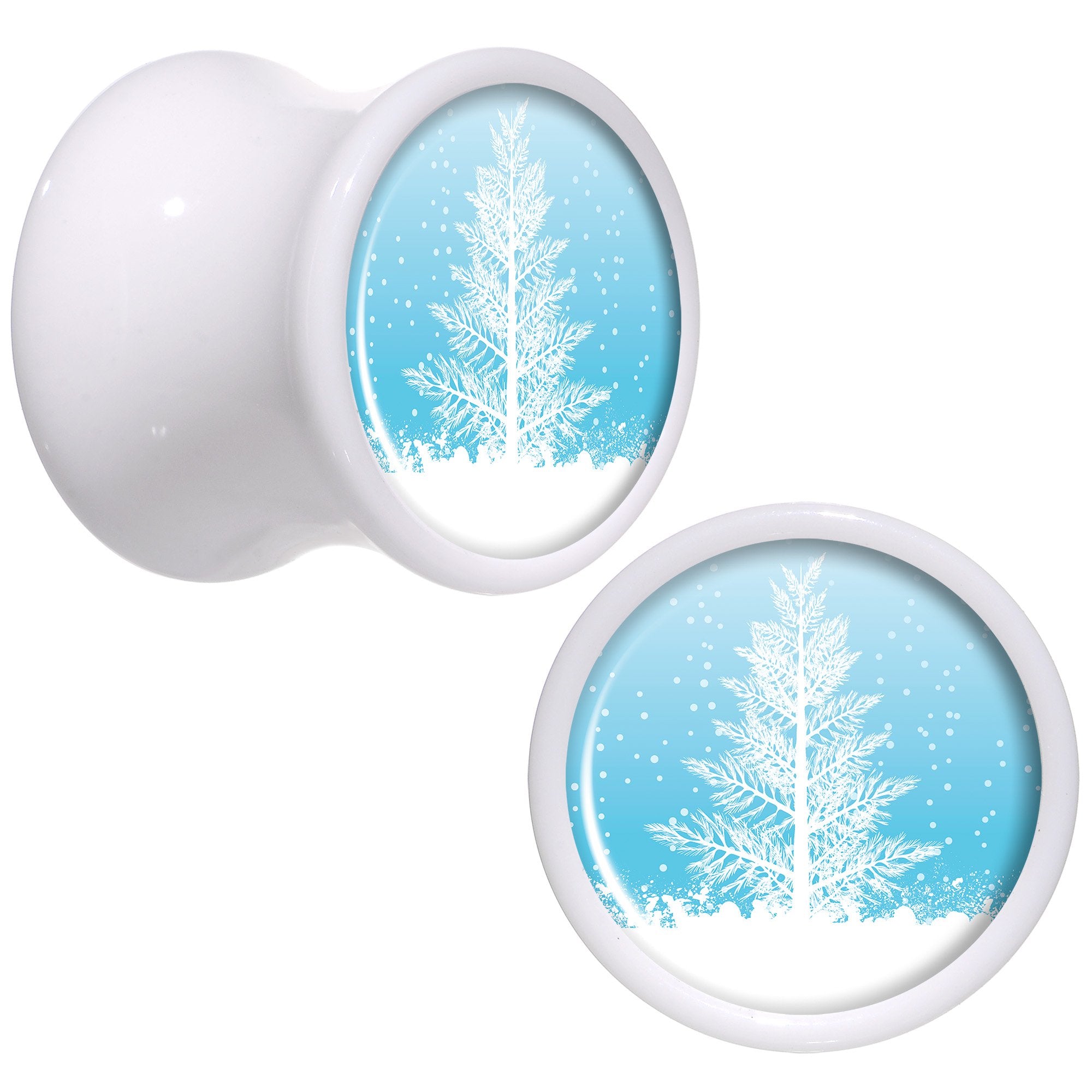 Winter Snow Covered Tree White Acrylic Saddle Plug Set Sizes 5mm to 20mm