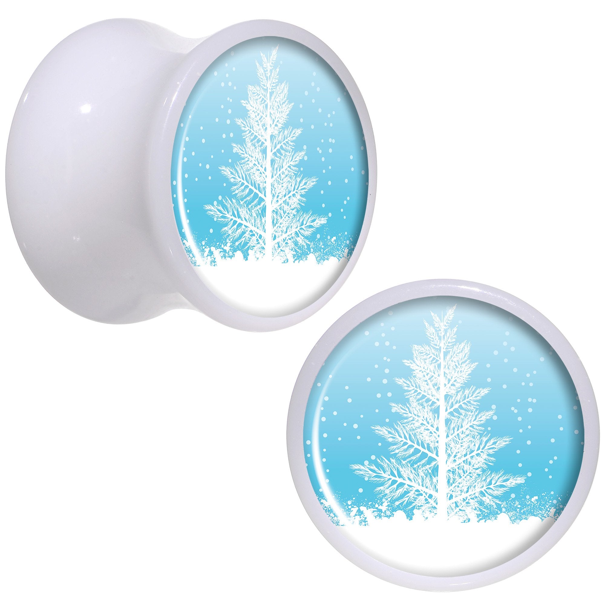 Winter Snow Covered Tree White Acrylic Saddle Plug Set Sizes 5mm to 20mm