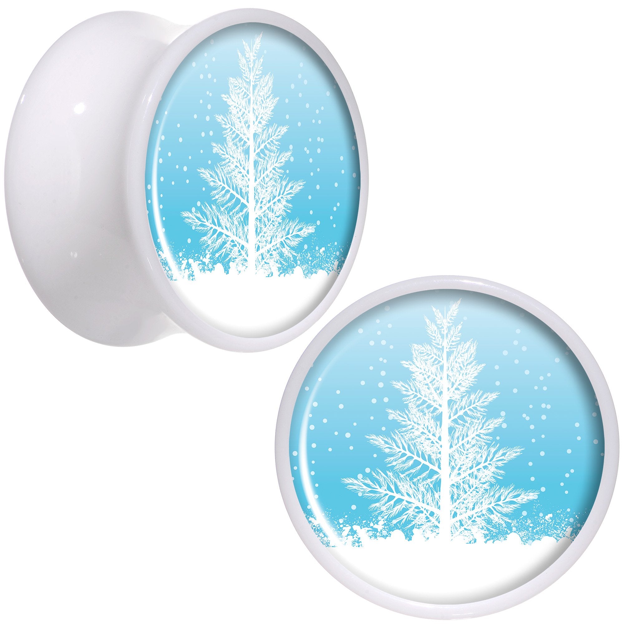 Winter Snow Covered Tree White Acrylic Saddle Plug Set Sizes 5mm to 20mm