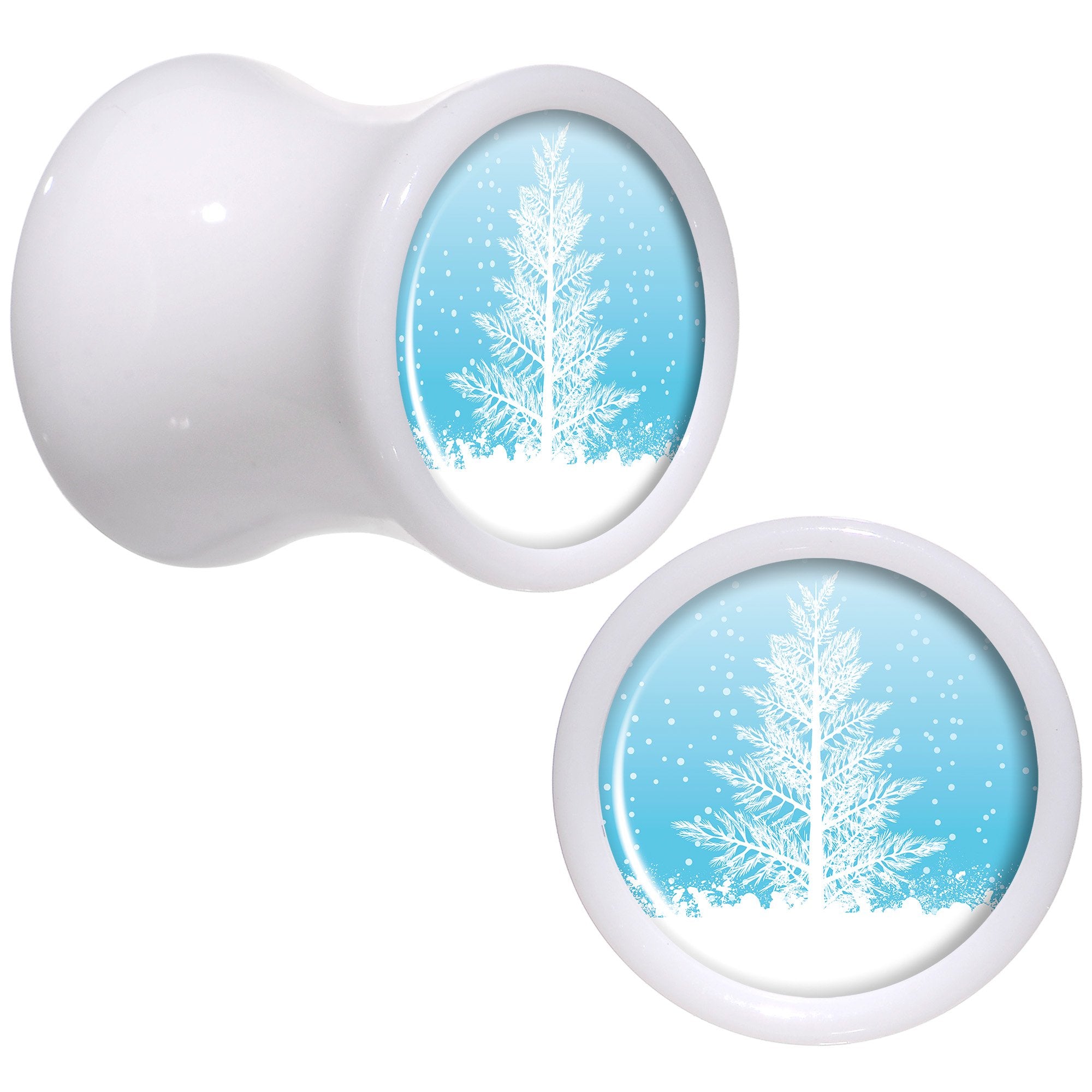 Winter Snow Covered Tree White Acrylic Saddle Plug Set Sizes 5mm to 20mm