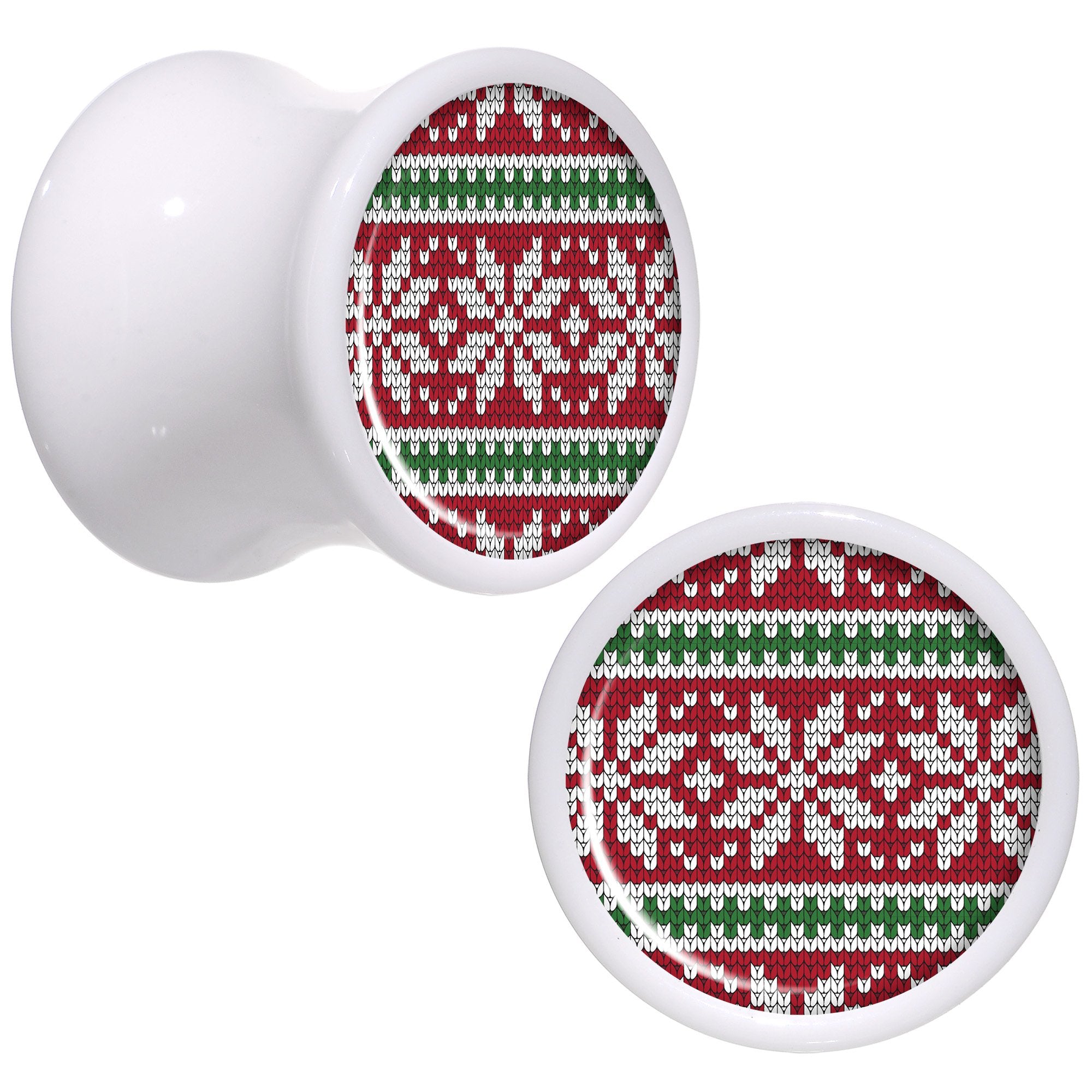 Red Green Christmas Sweater White Acrylic Saddle Plug Set Sizes 5mm to 20mm