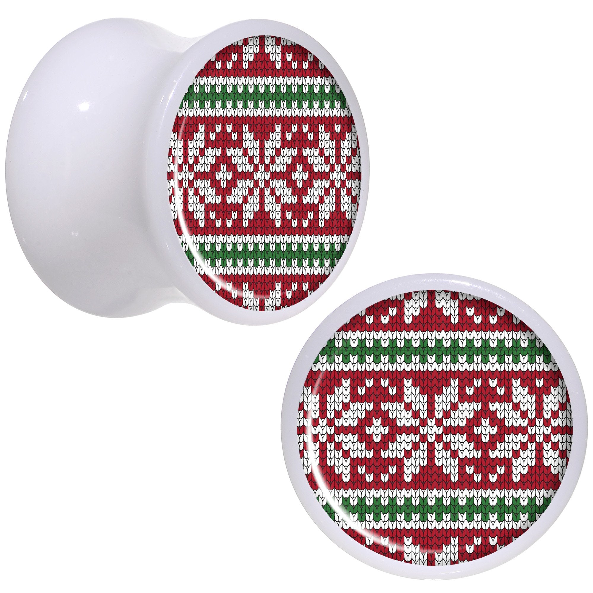 Red Green Christmas Sweater White Acrylic Saddle Plug Set Sizes 5mm to 20mm