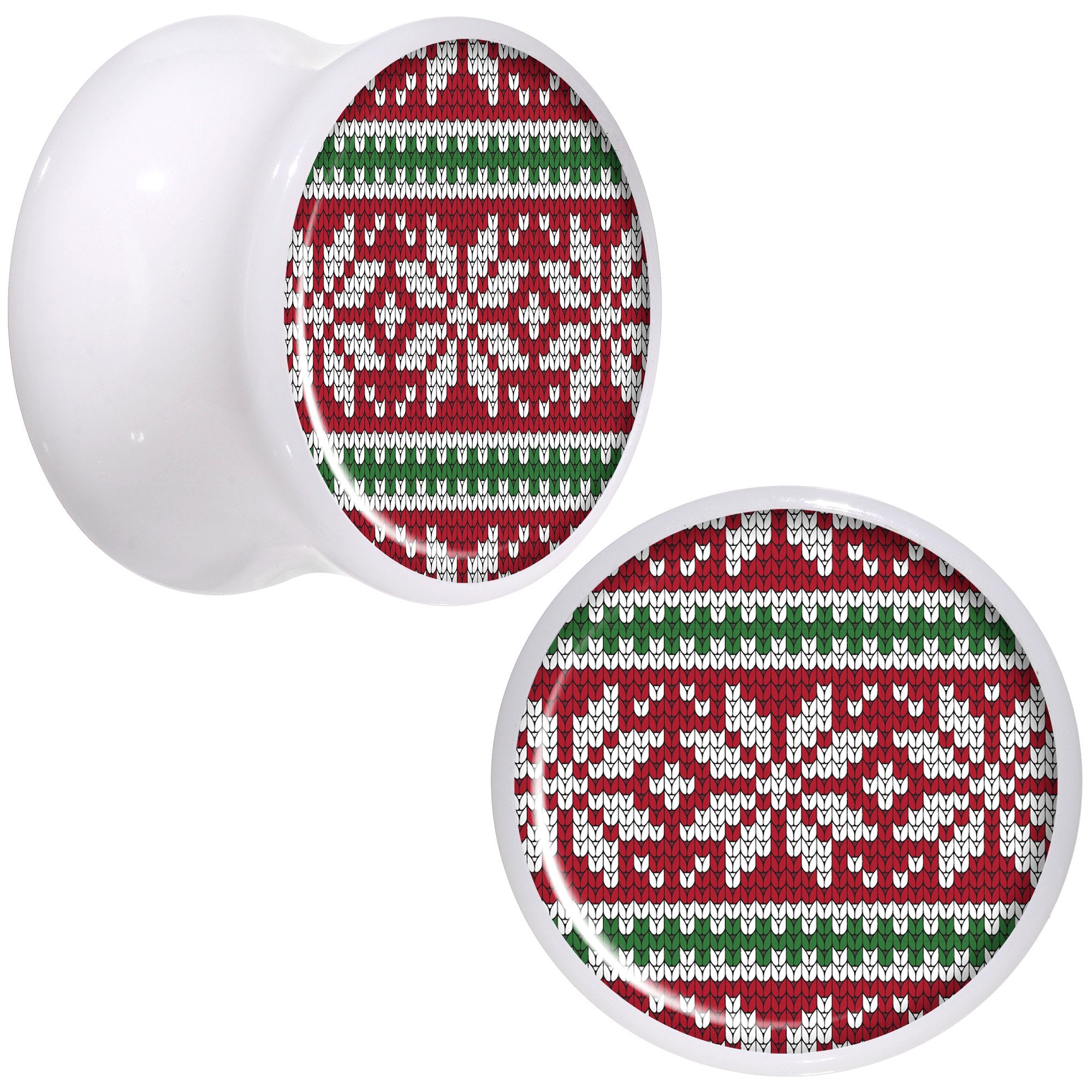 Red Green Christmas Sweater White Acrylic Saddle Plug Set Sizes 5mm to 20mm