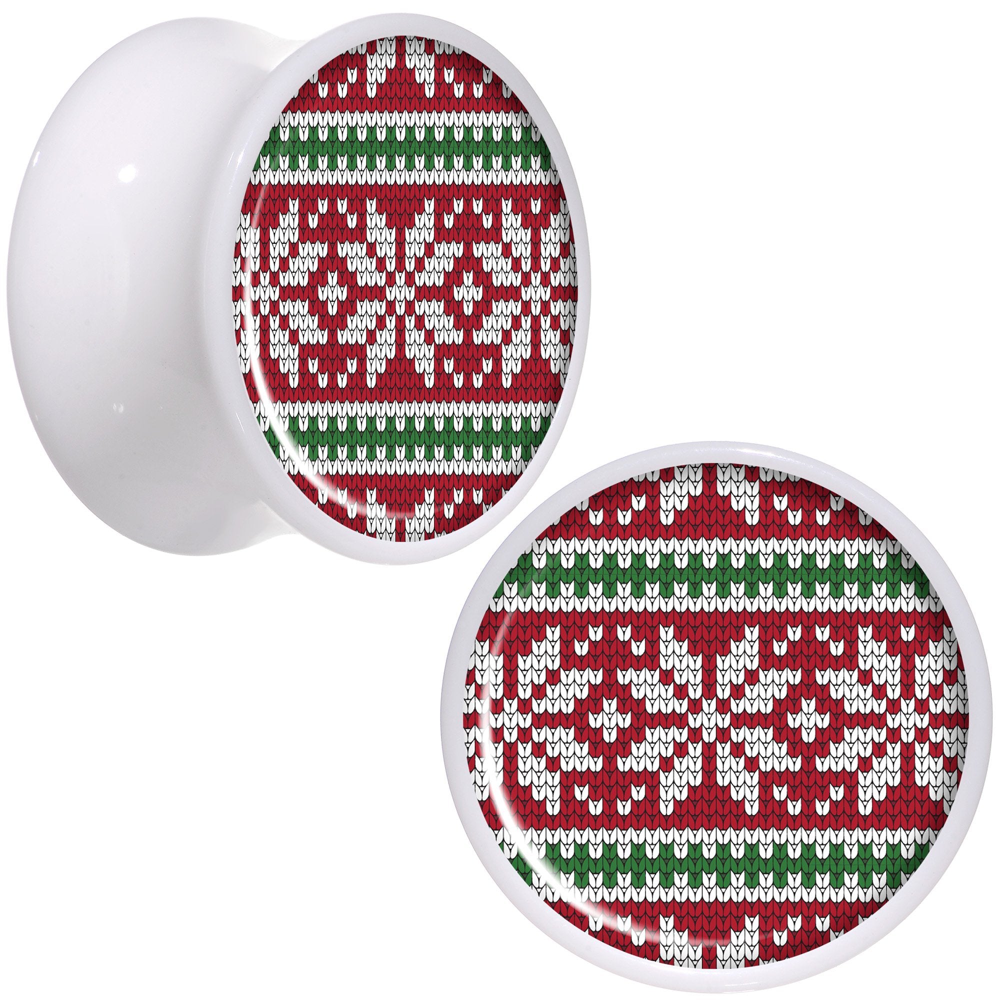 Red Green Christmas Sweater White Acrylic Saddle Plug Set Sizes 5mm to 20mm