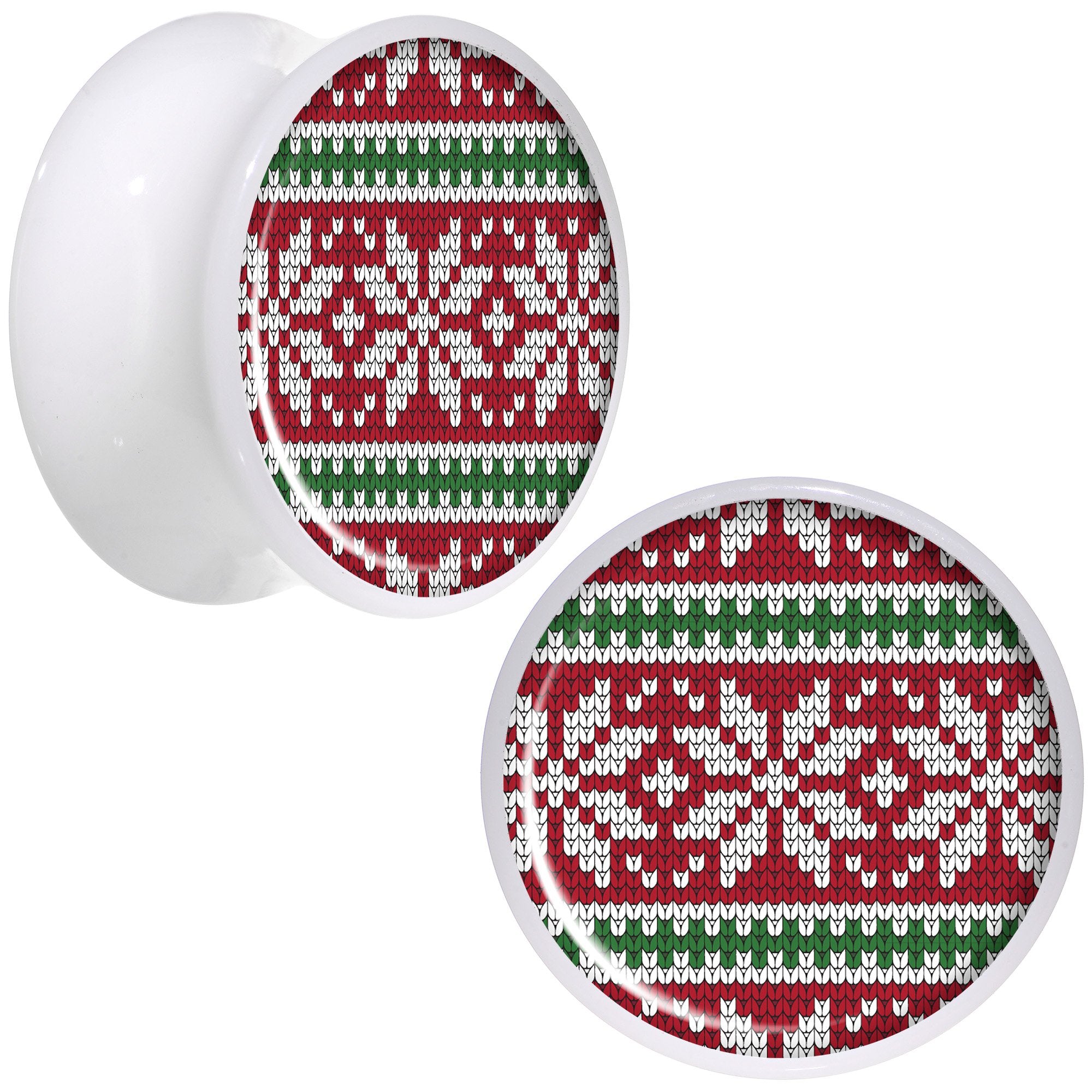 Red Green Christmas Sweater White Acrylic Saddle Plug Set Sizes 5mm to 20mm