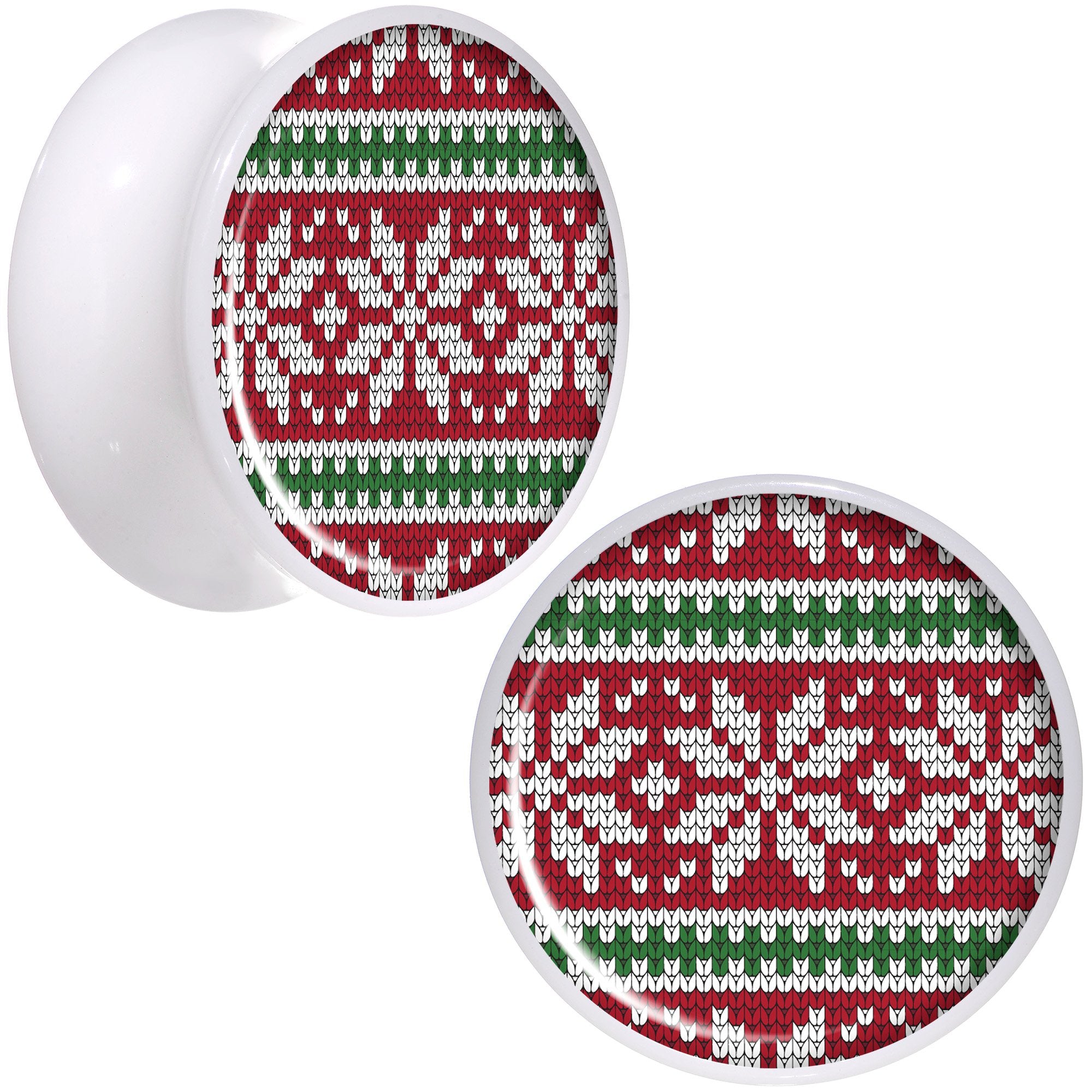 Red Green Christmas Sweater White Acrylic Saddle Plug Set Sizes 5mm to 20mm