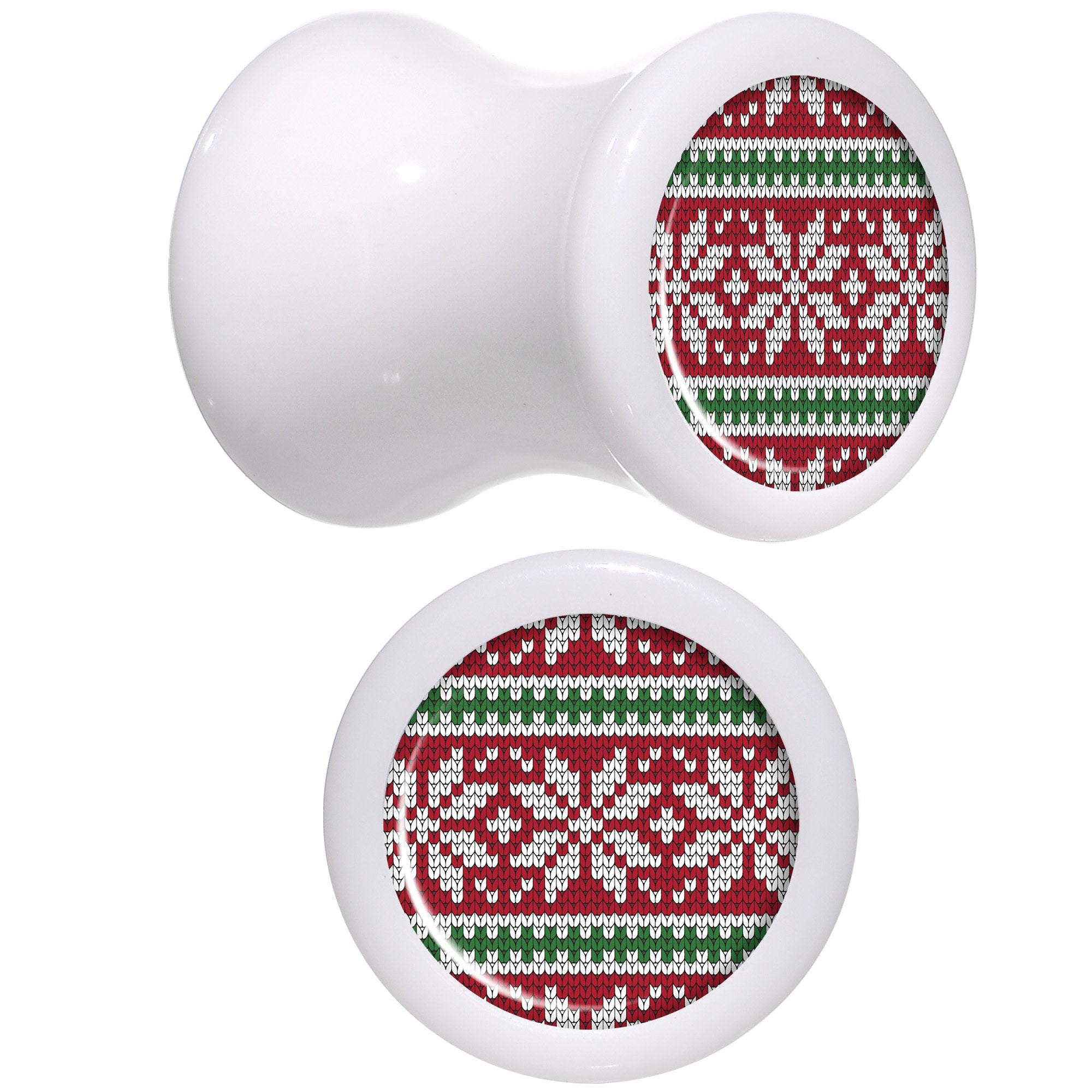 Red Green Christmas Sweater White Acrylic Saddle Plug Set Sizes 5mm to 20mm