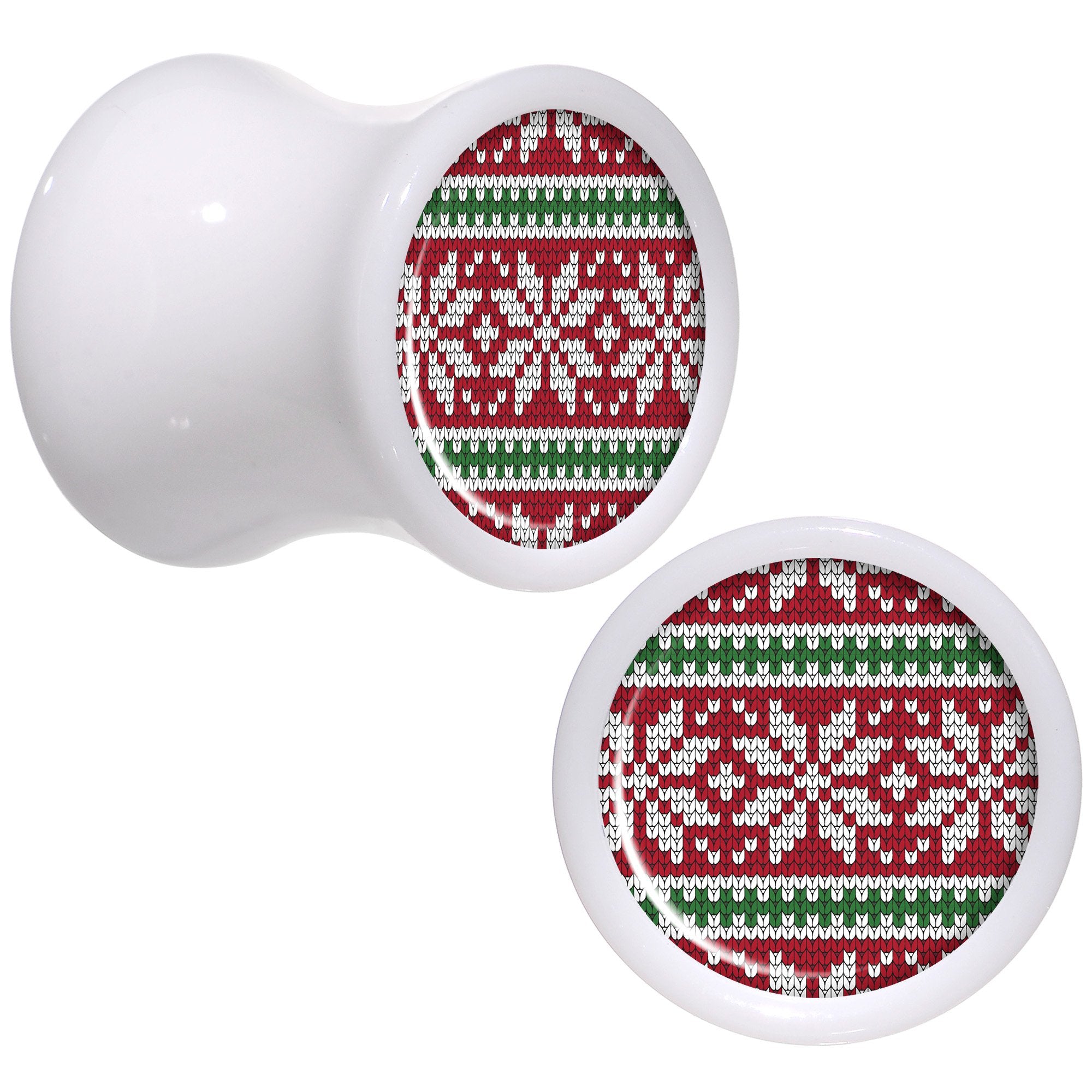 Red Green Christmas Sweater White Acrylic Saddle Plug Set Sizes 5mm to 20mm