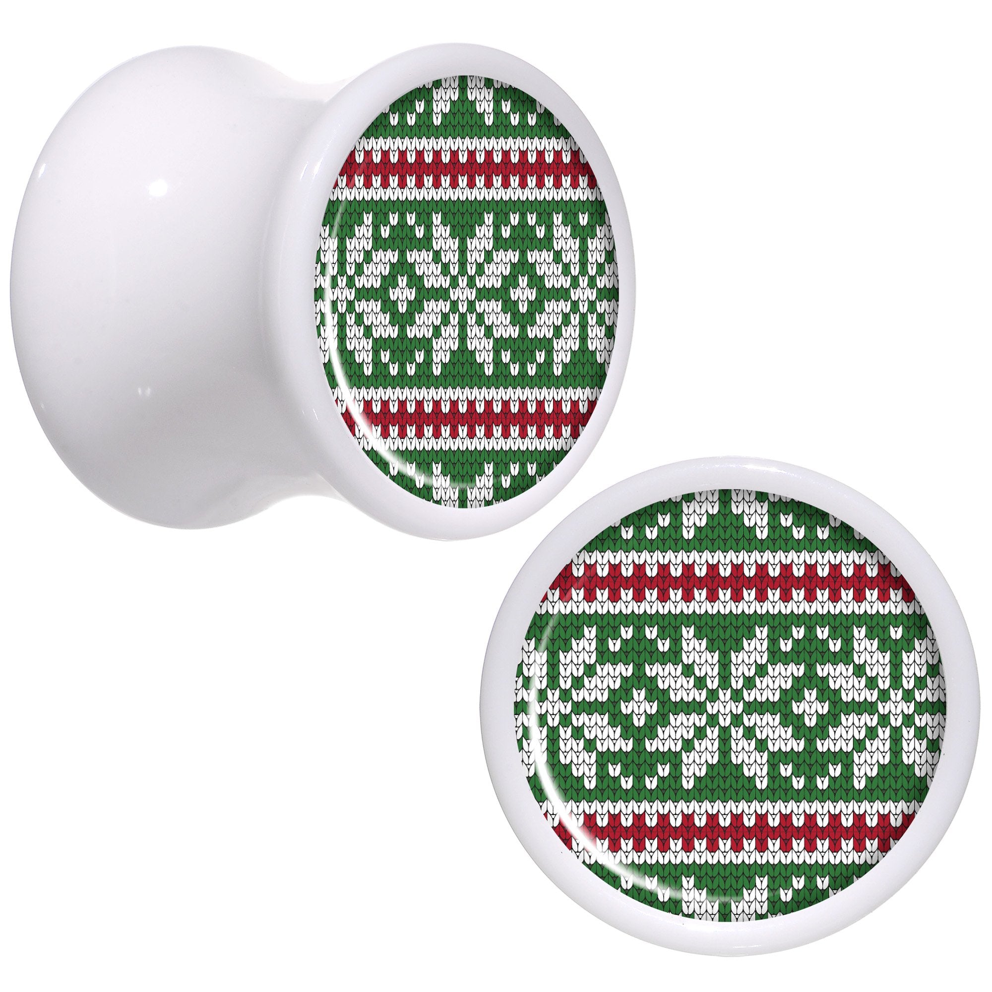 Green Red Christmas Sweater White Acrylic Saddle Plug Set Sizes 5mm to 20mm