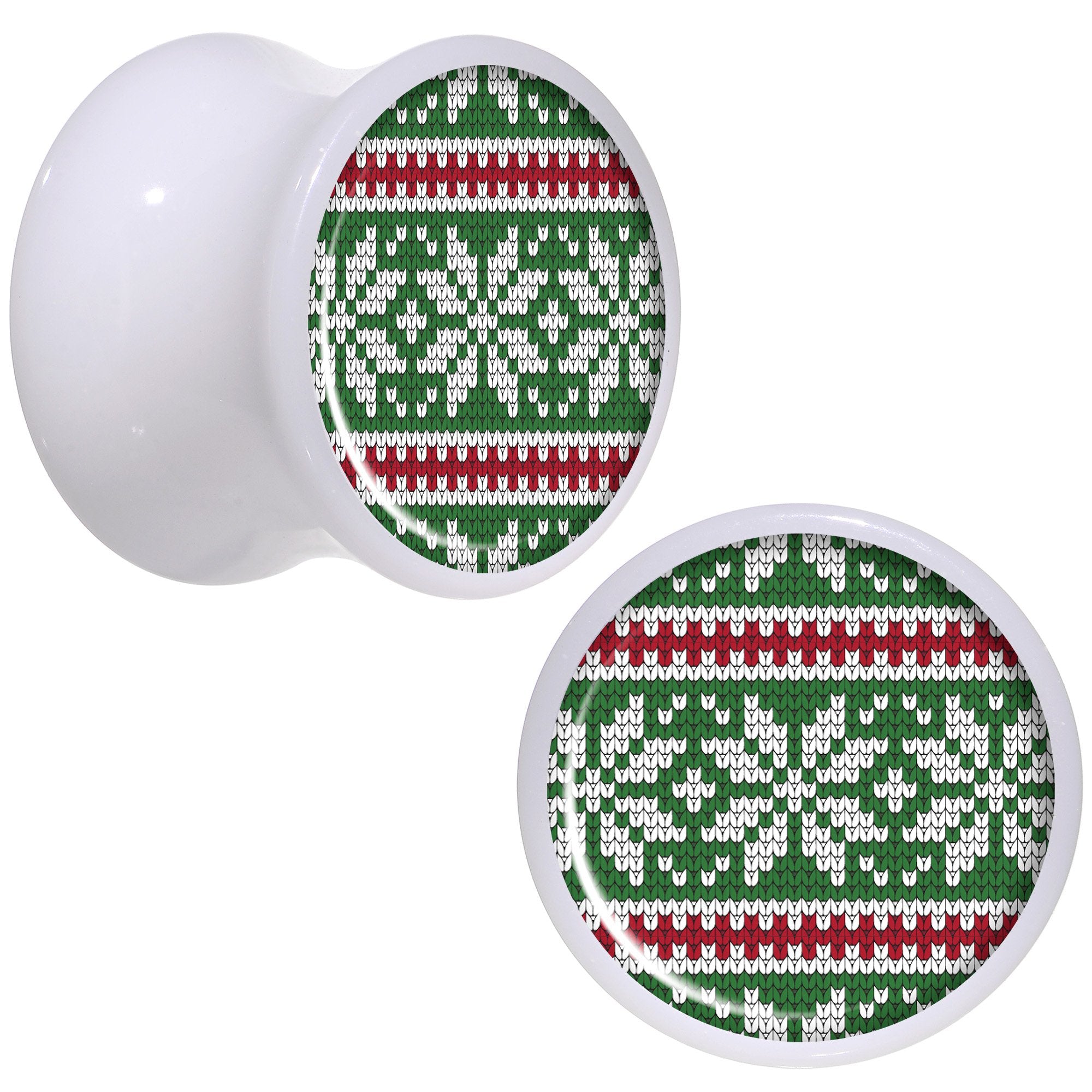 Green Red Christmas Sweater White Acrylic Saddle Plug Set Sizes 5mm to 20mm