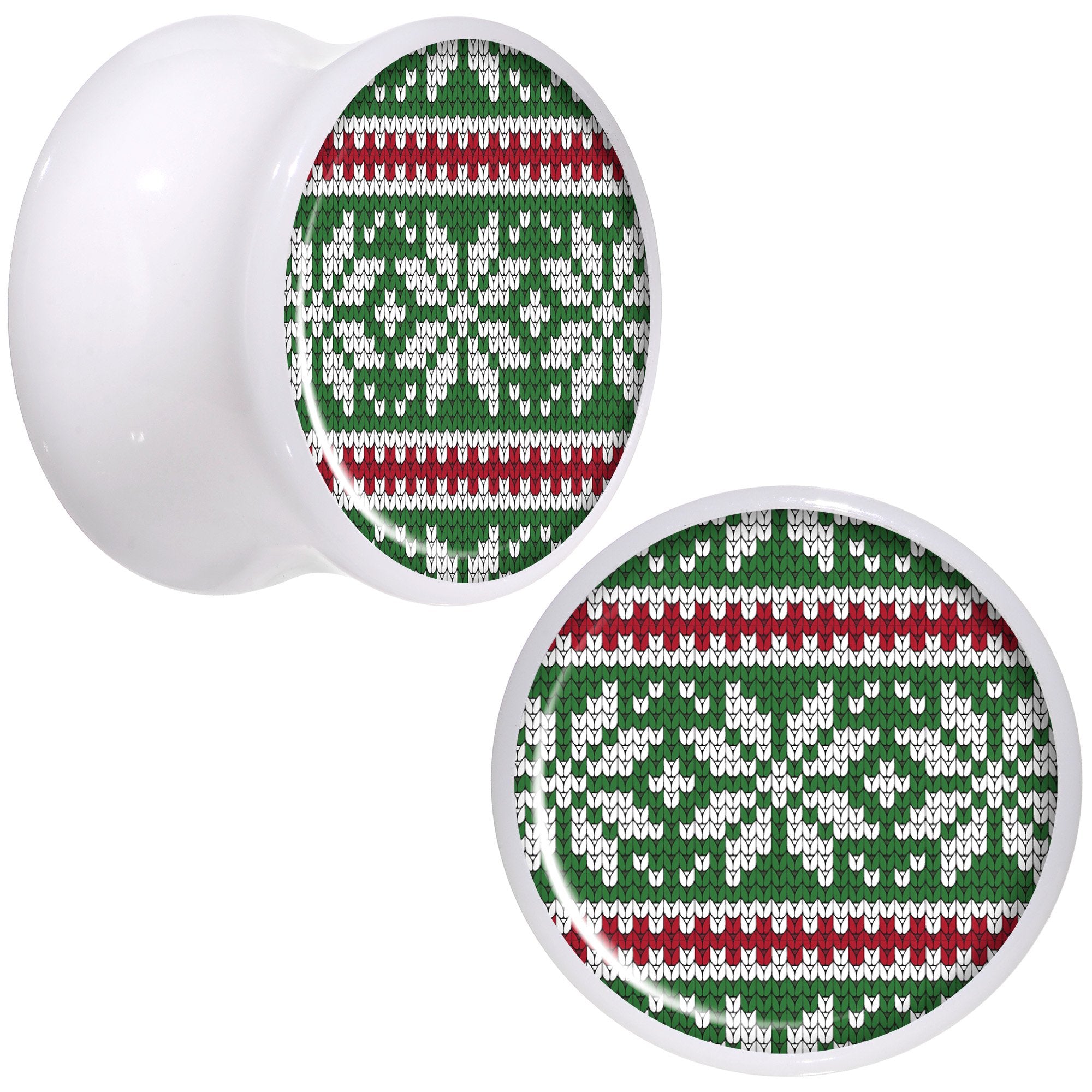 Green Red Christmas Sweater White Acrylic Saddle Plug Set Sizes 5mm to 20mm