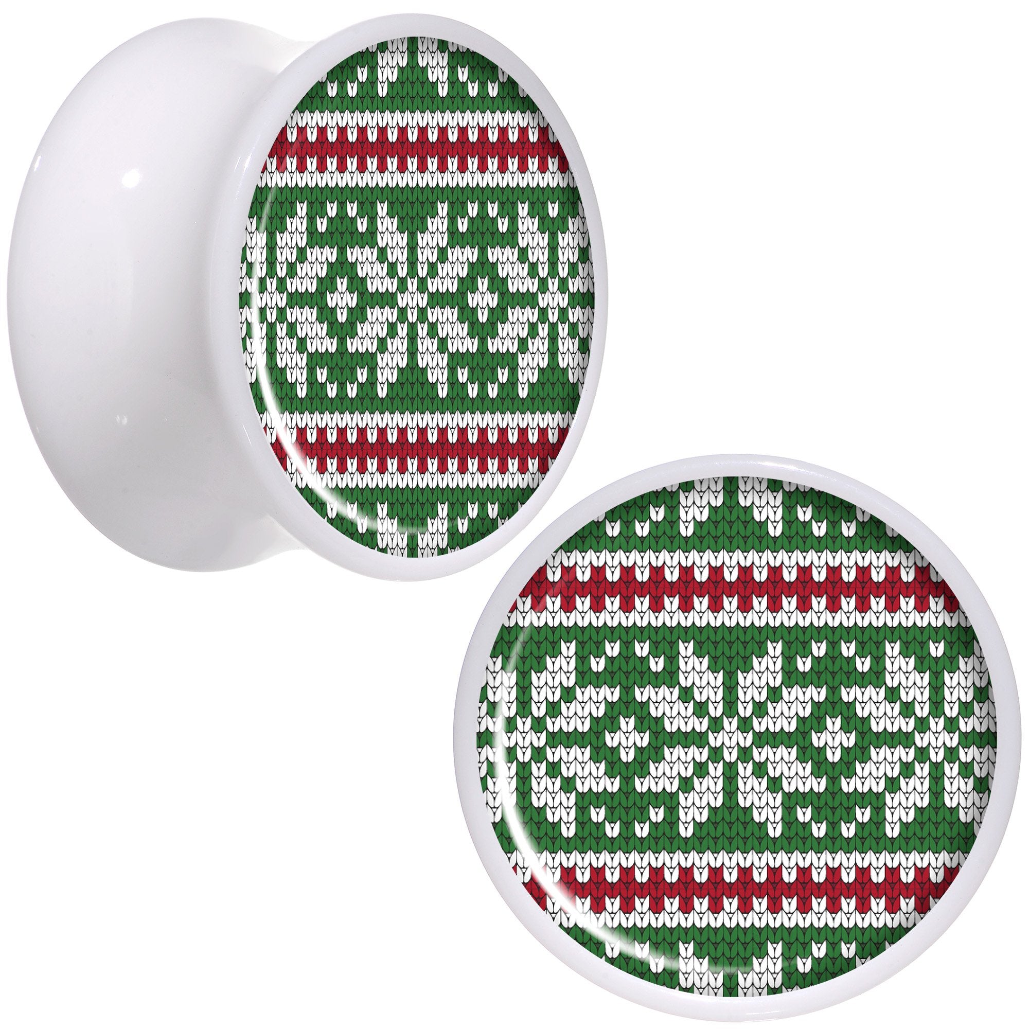 Green Red Christmas Sweater White Acrylic Saddle Plug Set Sizes 5mm to 20mm