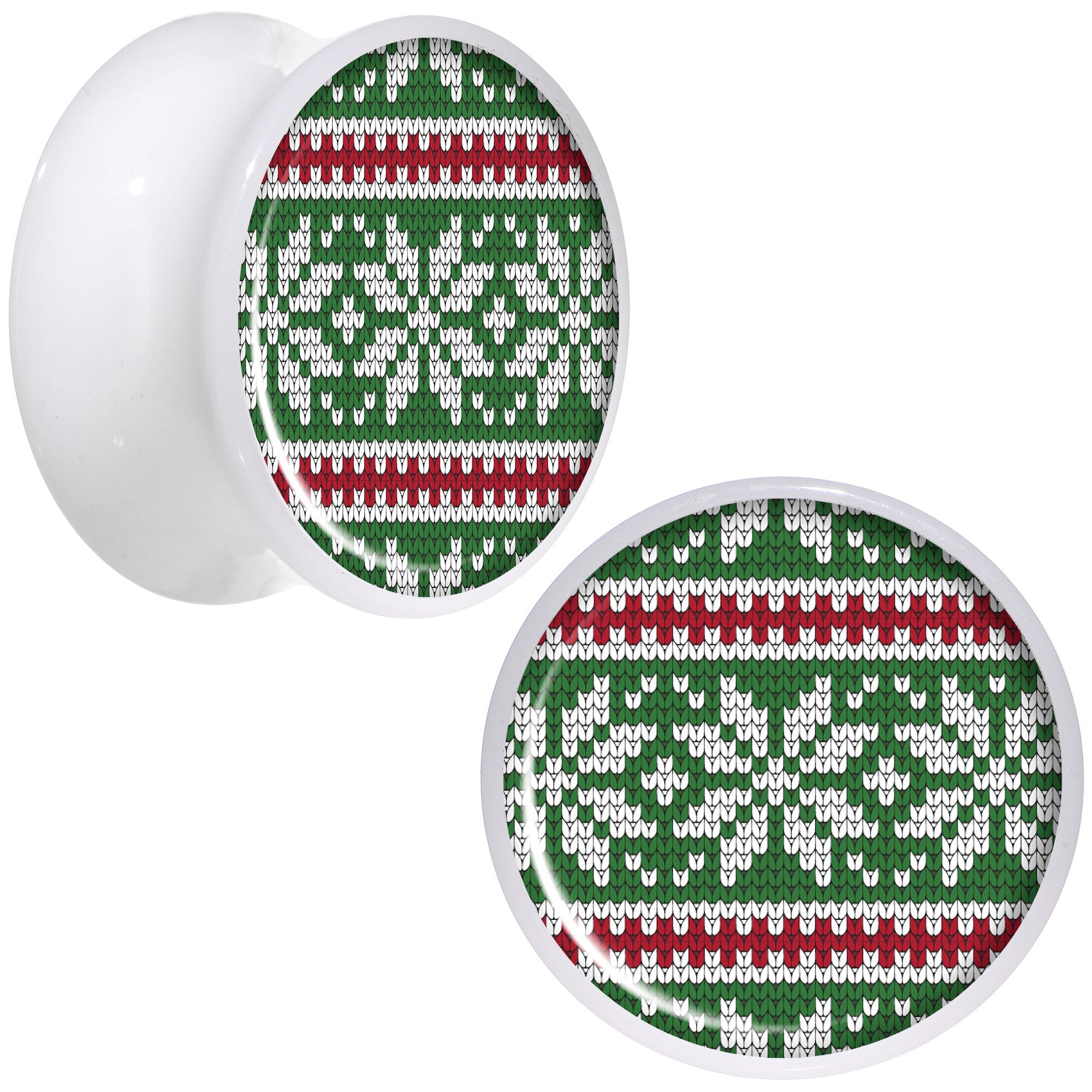 Green Red Christmas Sweater White Acrylic Saddle Plug Set Sizes 5mm to 20mm