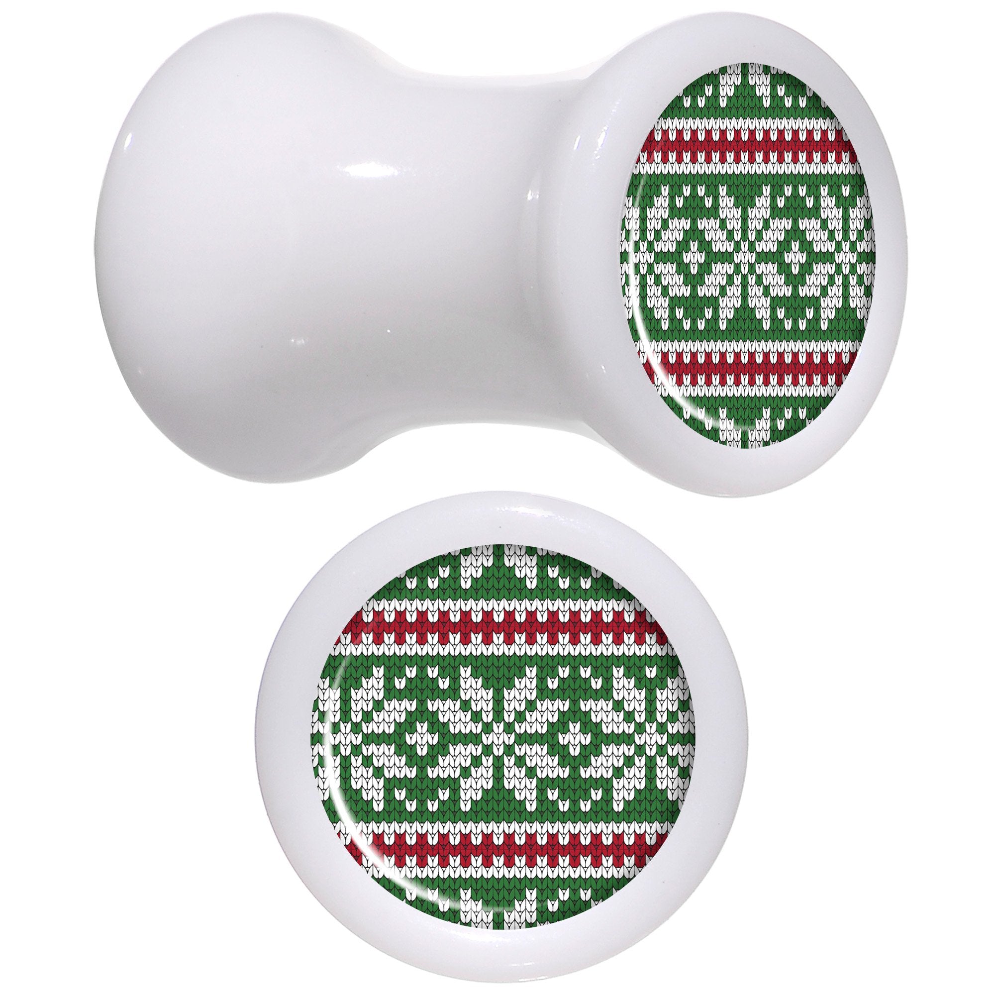 Green Red Christmas Sweater White Acrylic Saddle Plug Set Sizes 5mm to 20mm