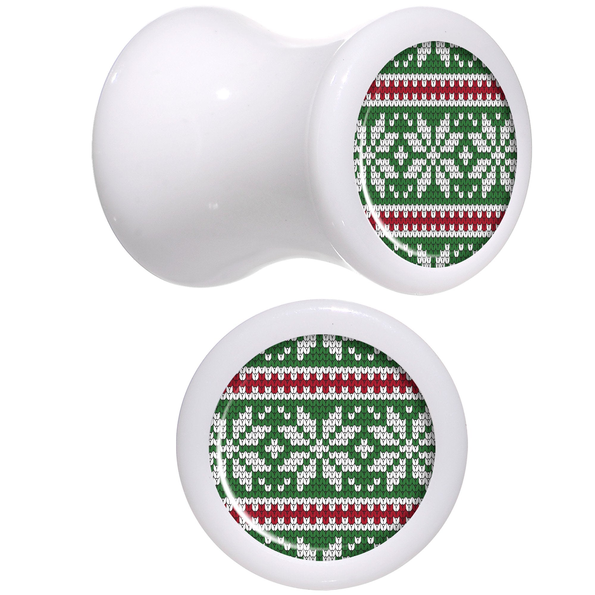 Green Red Christmas Sweater White Acrylic Saddle Plug Set Sizes 5mm to 20mm