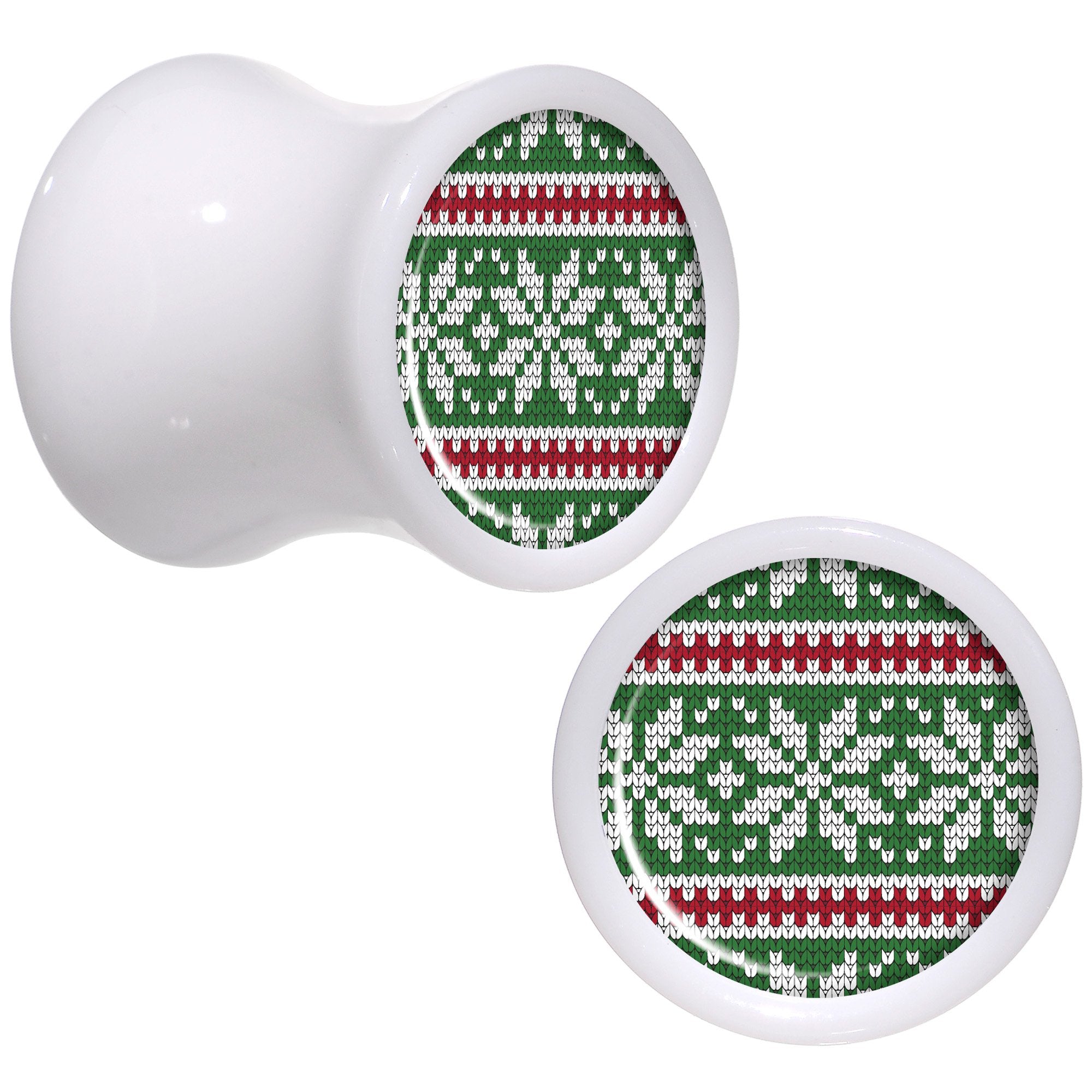 Green Red Christmas Sweater White Acrylic Saddle Plug Set Sizes 5mm to 20mm