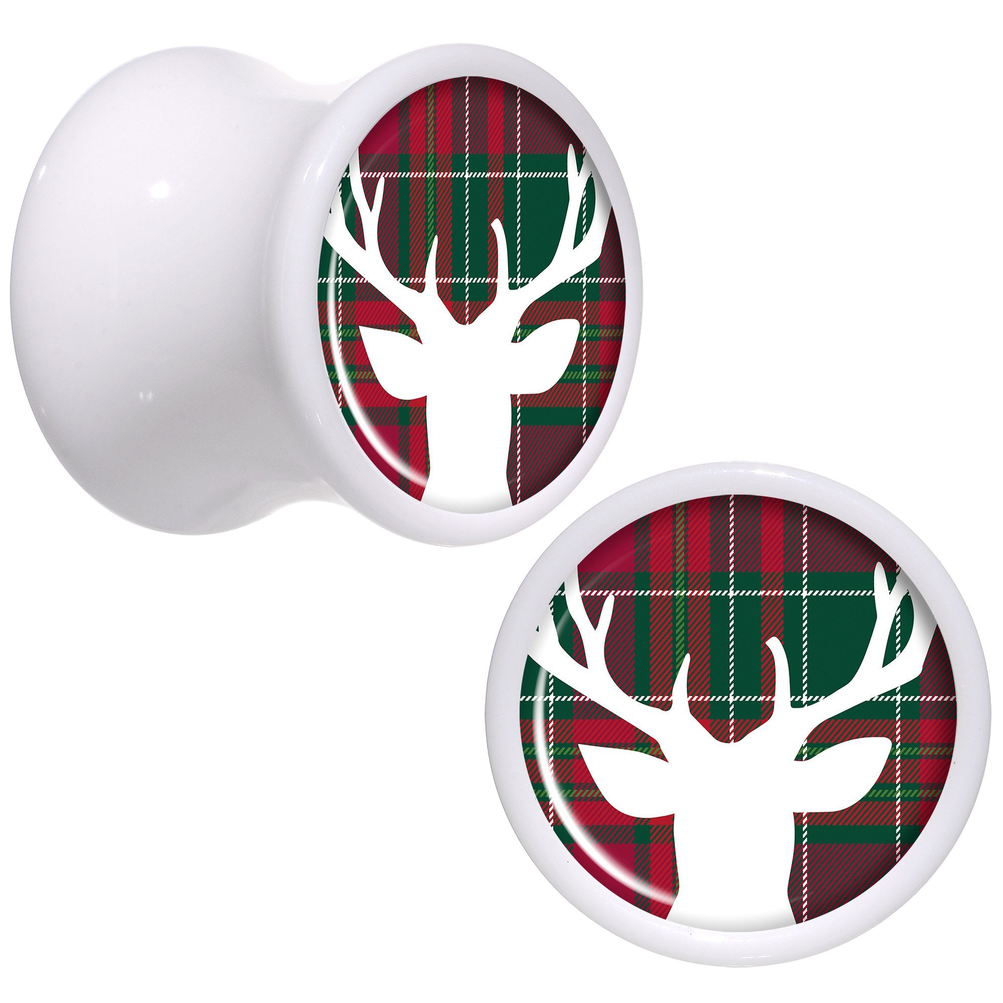 Red Green Plaid Reindeer White Acrylic Saddle Plug Set Sizes 5mm to 20mm