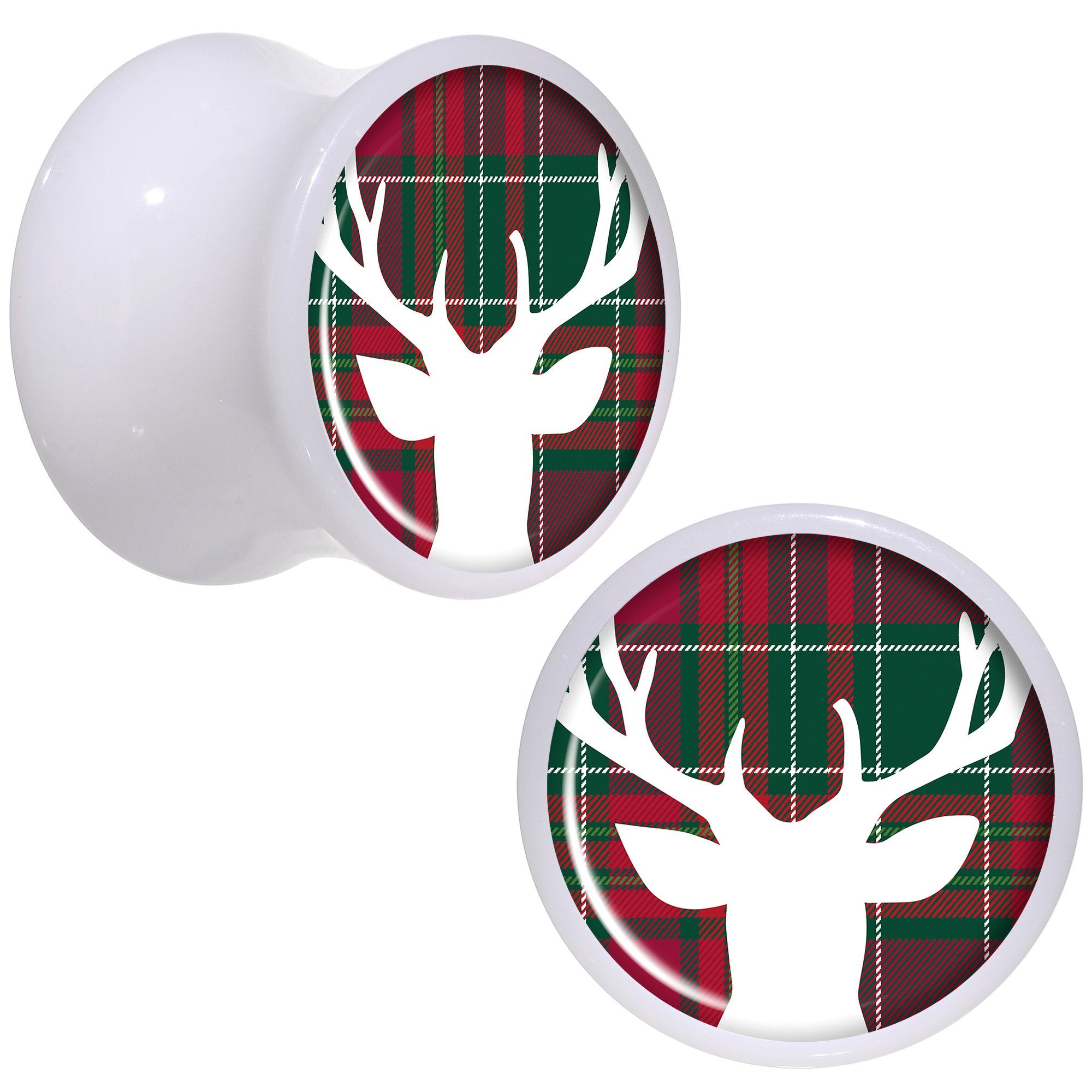 Red Green Plaid Reindeer White Acrylic Saddle Plug Set Sizes 5mm to 20mm