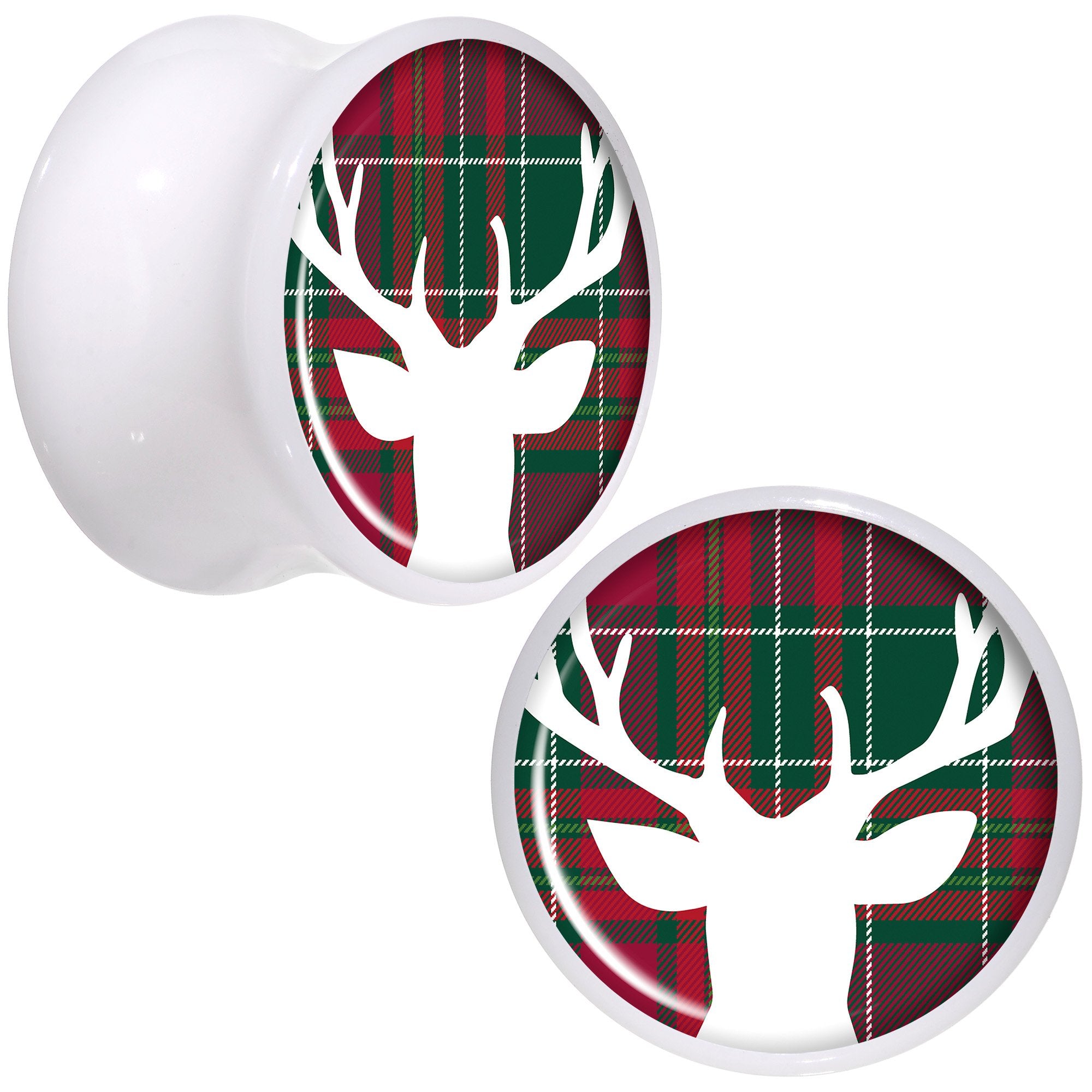 Red Green Plaid Reindeer White Acrylic Saddle Plug Set Sizes 5mm to 20mm