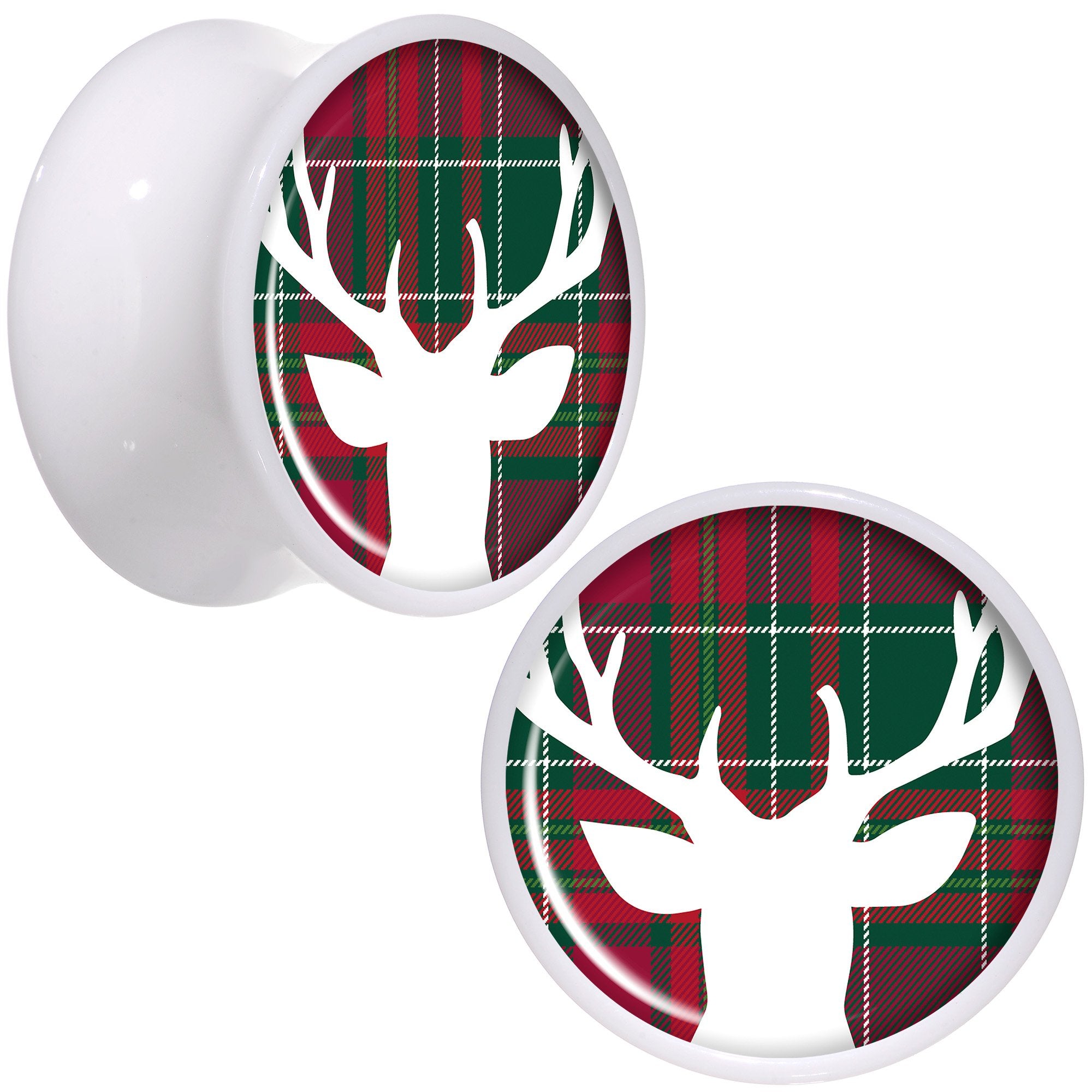 Red Green Plaid Reindeer White Acrylic Saddle Plug Set Sizes 5mm to 20mm