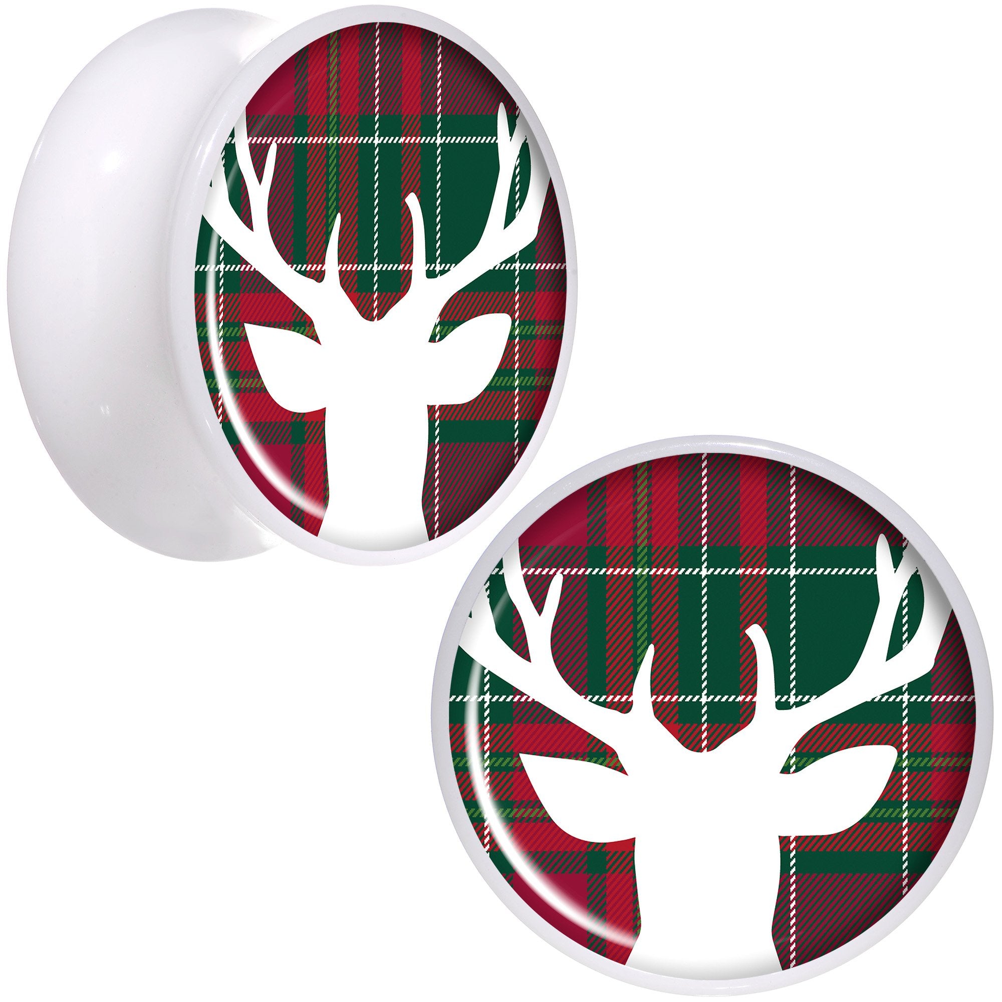 Red Green Plaid Reindeer White Acrylic Saddle Plug Set Sizes 5mm to 20mm