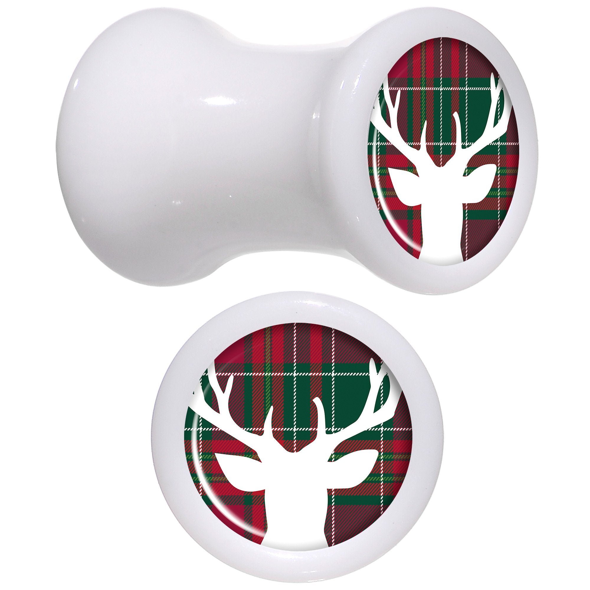 Red Green Plaid Reindeer White Acrylic Saddle Plug Set Sizes 5mm to 20mm