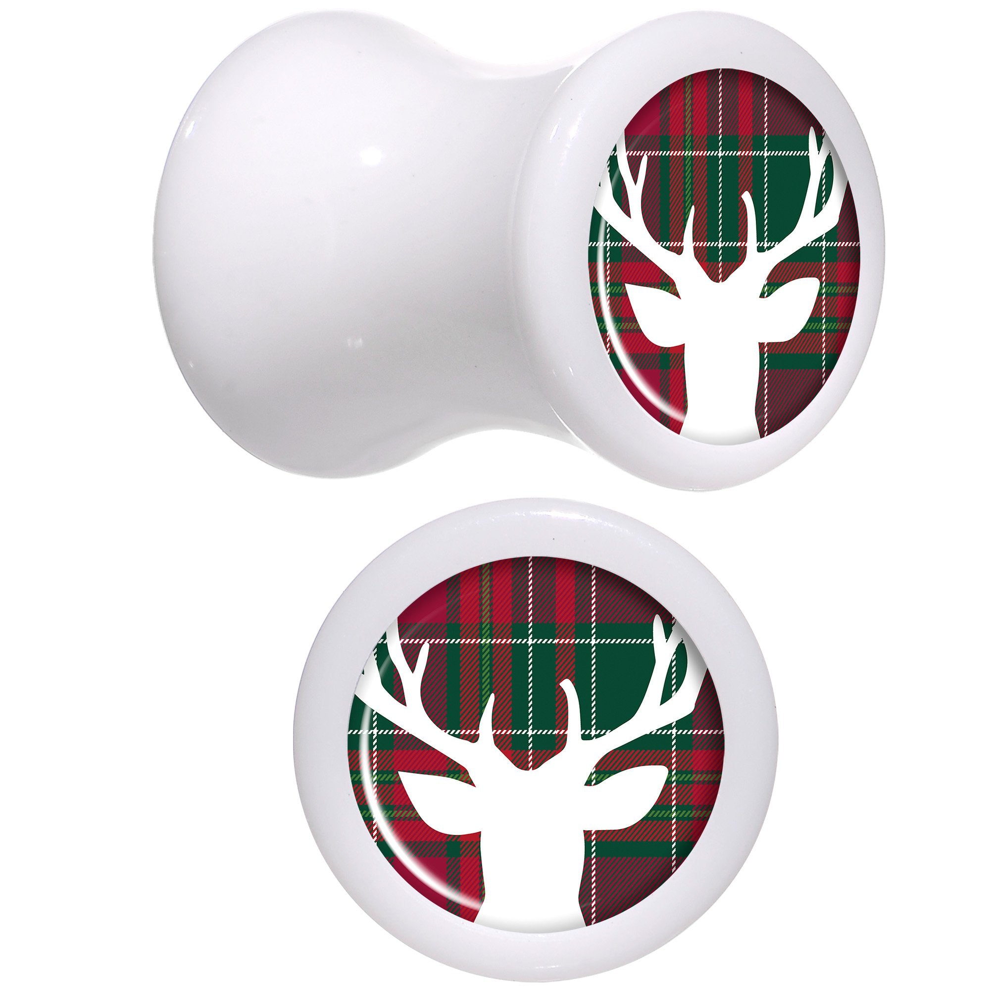 Red Green Plaid Reindeer White Acrylic Saddle Plug Set Sizes 5mm to 20mm