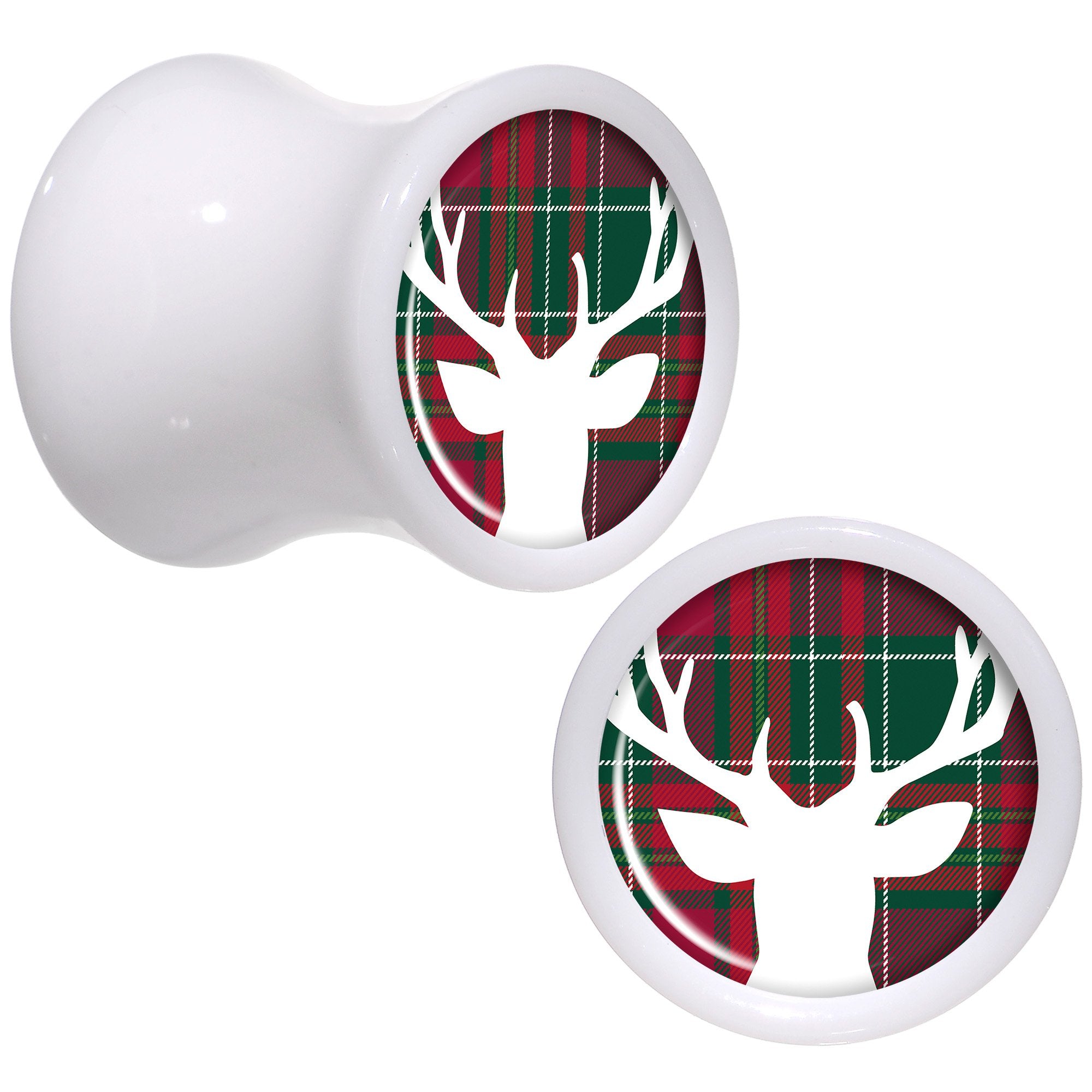 Red Green Plaid Reindeer White Acrylic Saddle Plug Set Sizes 5mm to 20mm