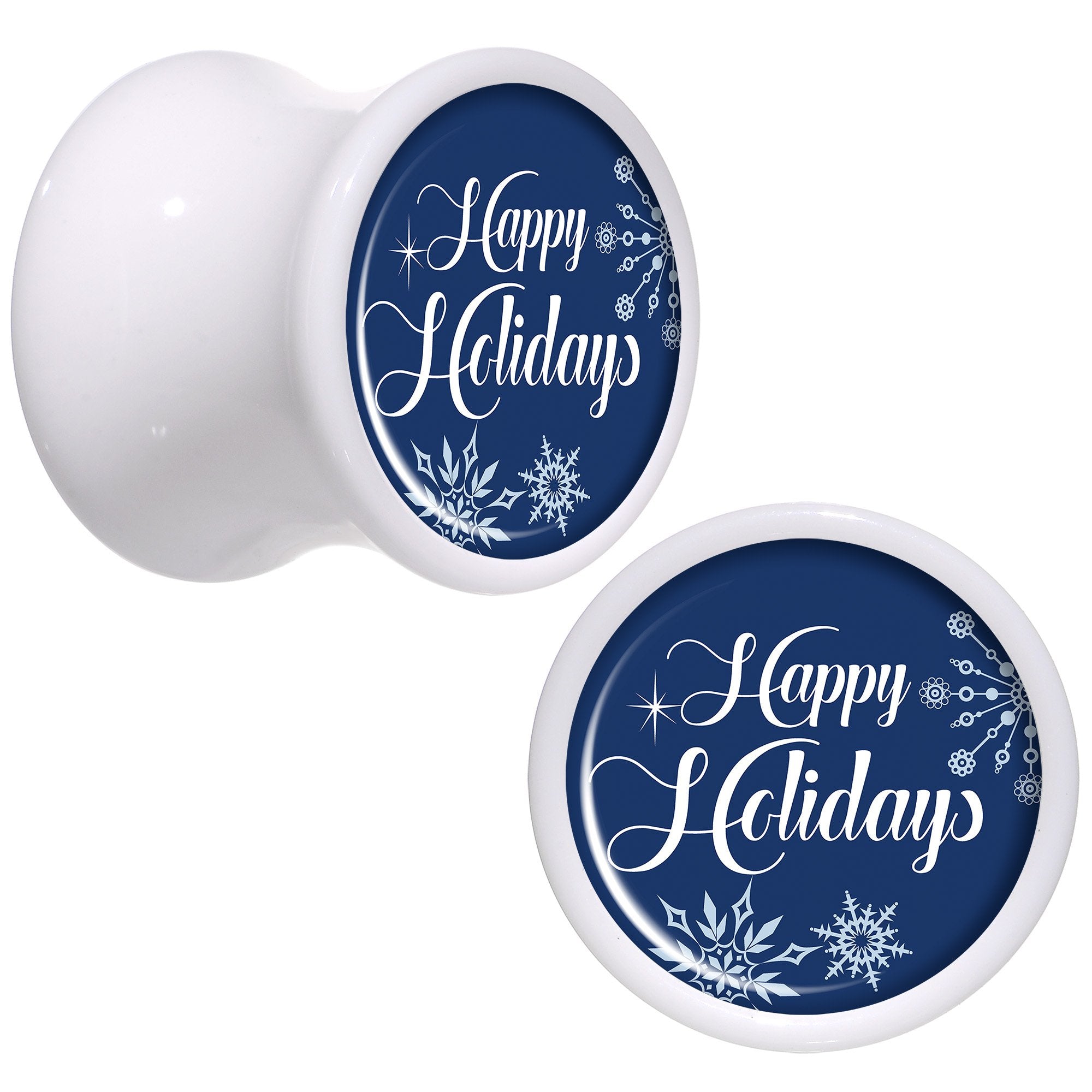 Happy Holidays Snowflake White Acrylic Saddle Plug Set Sizes 8mm to 20mm