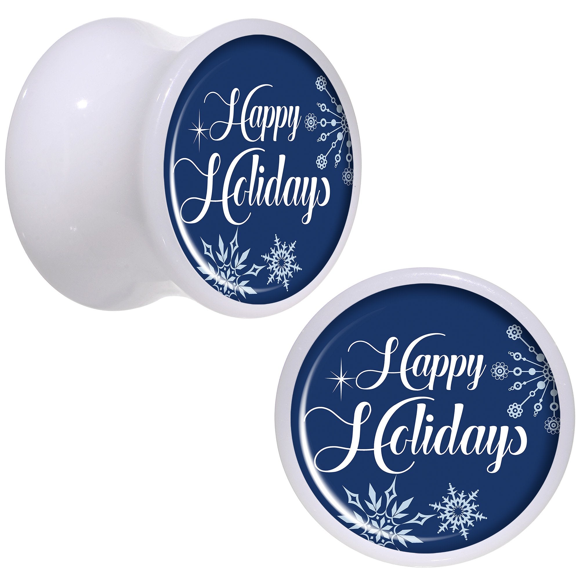 Happy Holidays Snowflake White Acrylic Saddle Plug Set Sizes 8mm to 20mm