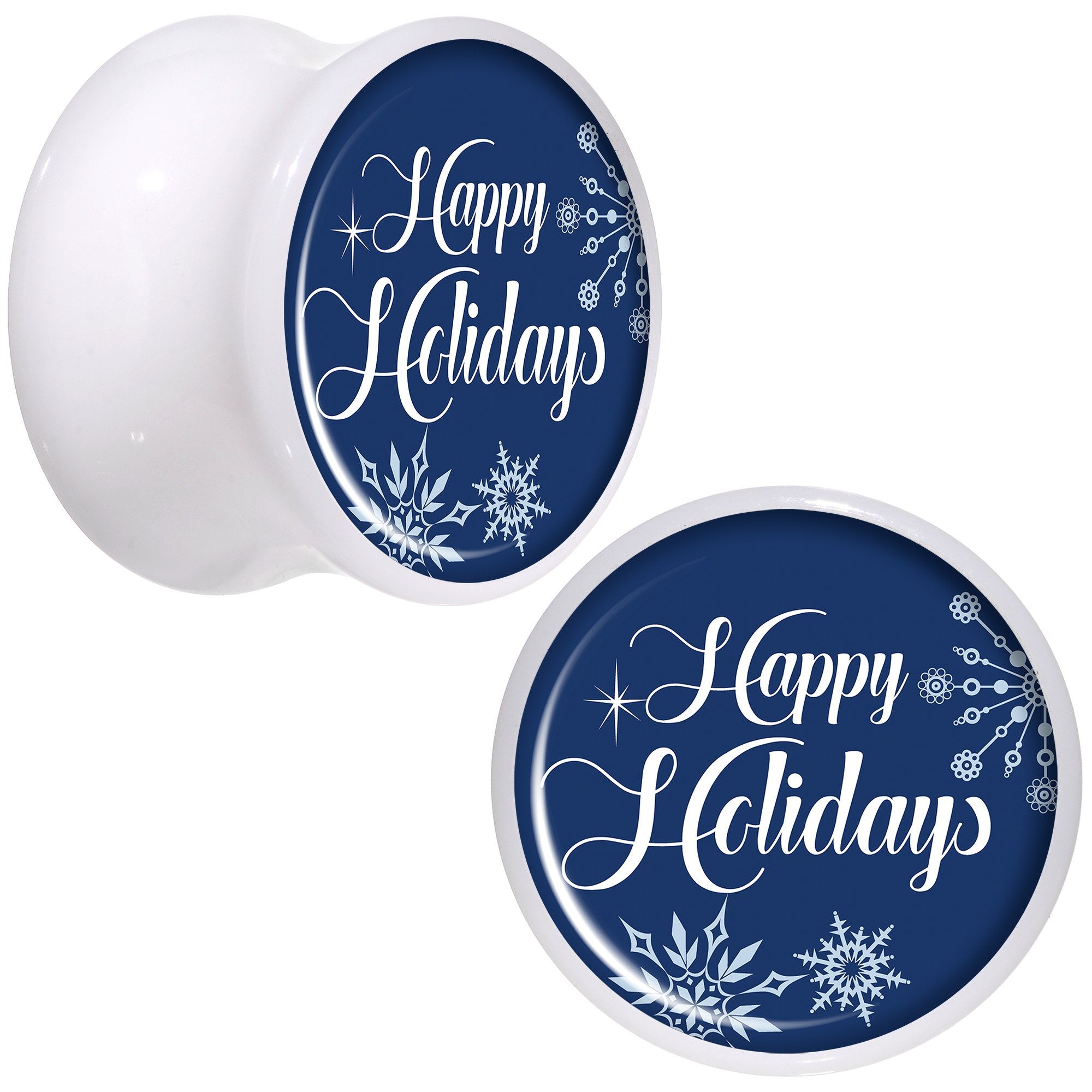 Happy Holidays Snowflake White Acrylic Saddle Plug Set Sizes 8mm to 20mm