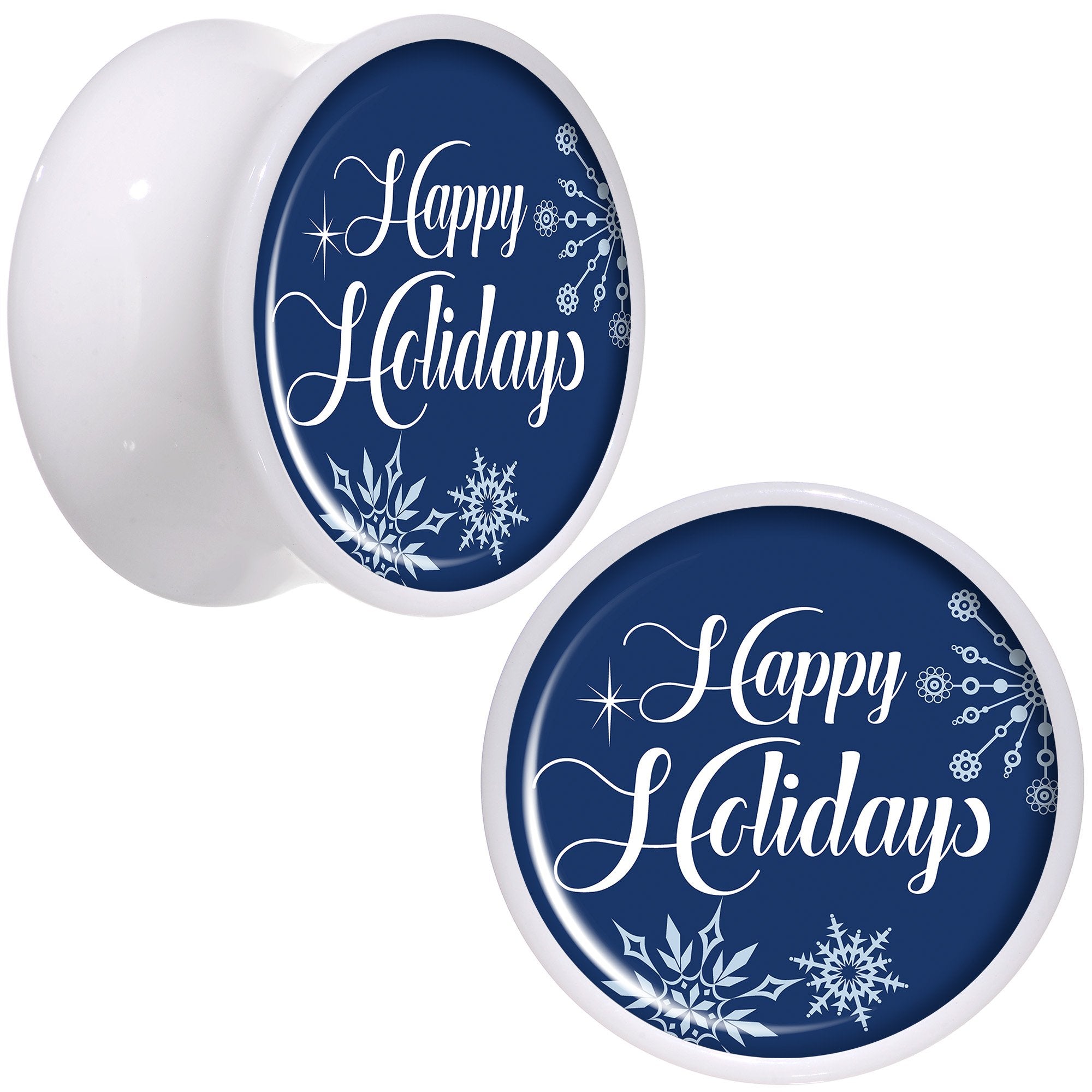 Happy Holidays Snowflake White Acrylic Saddle Plug Set Sizes 8mm to 20mm