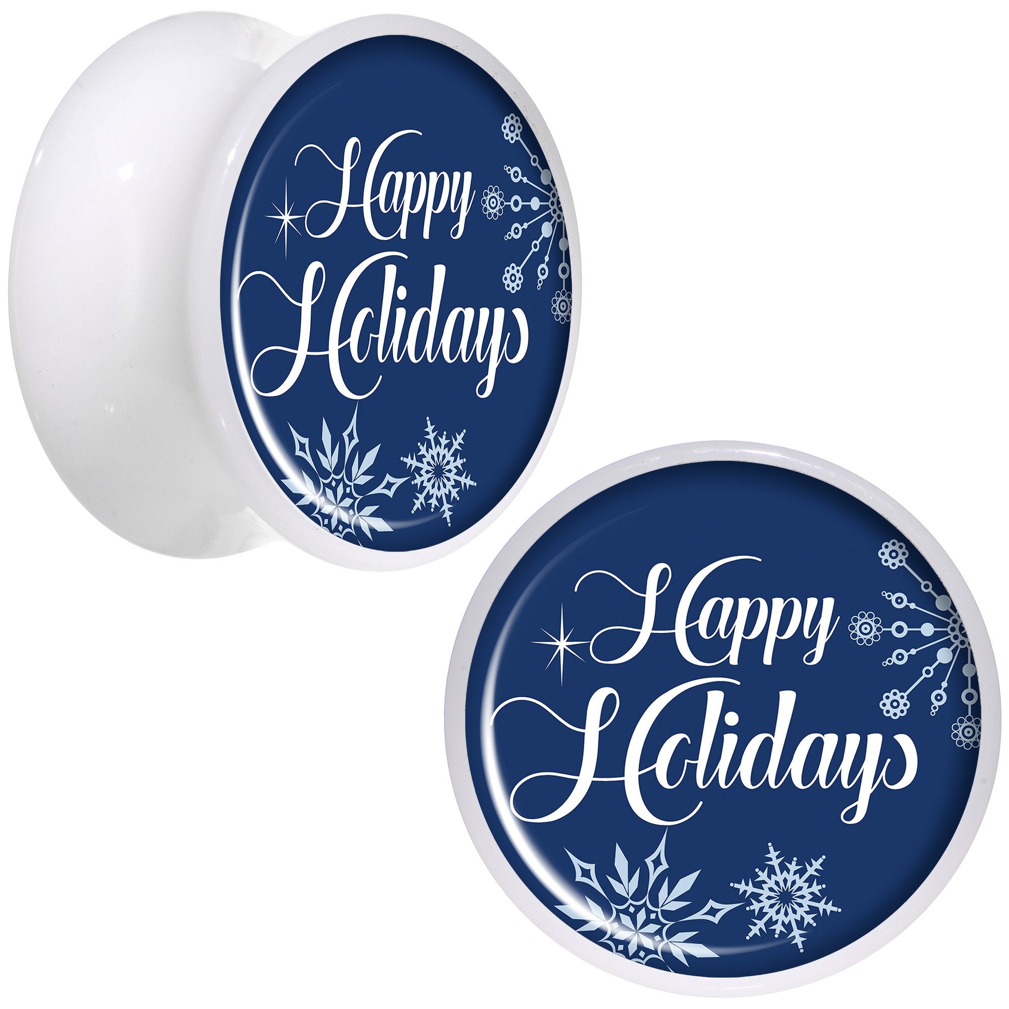 Happy Holidays Snowflake White Acrylic Saddle Plug Set Sizes 8mm to 20mm