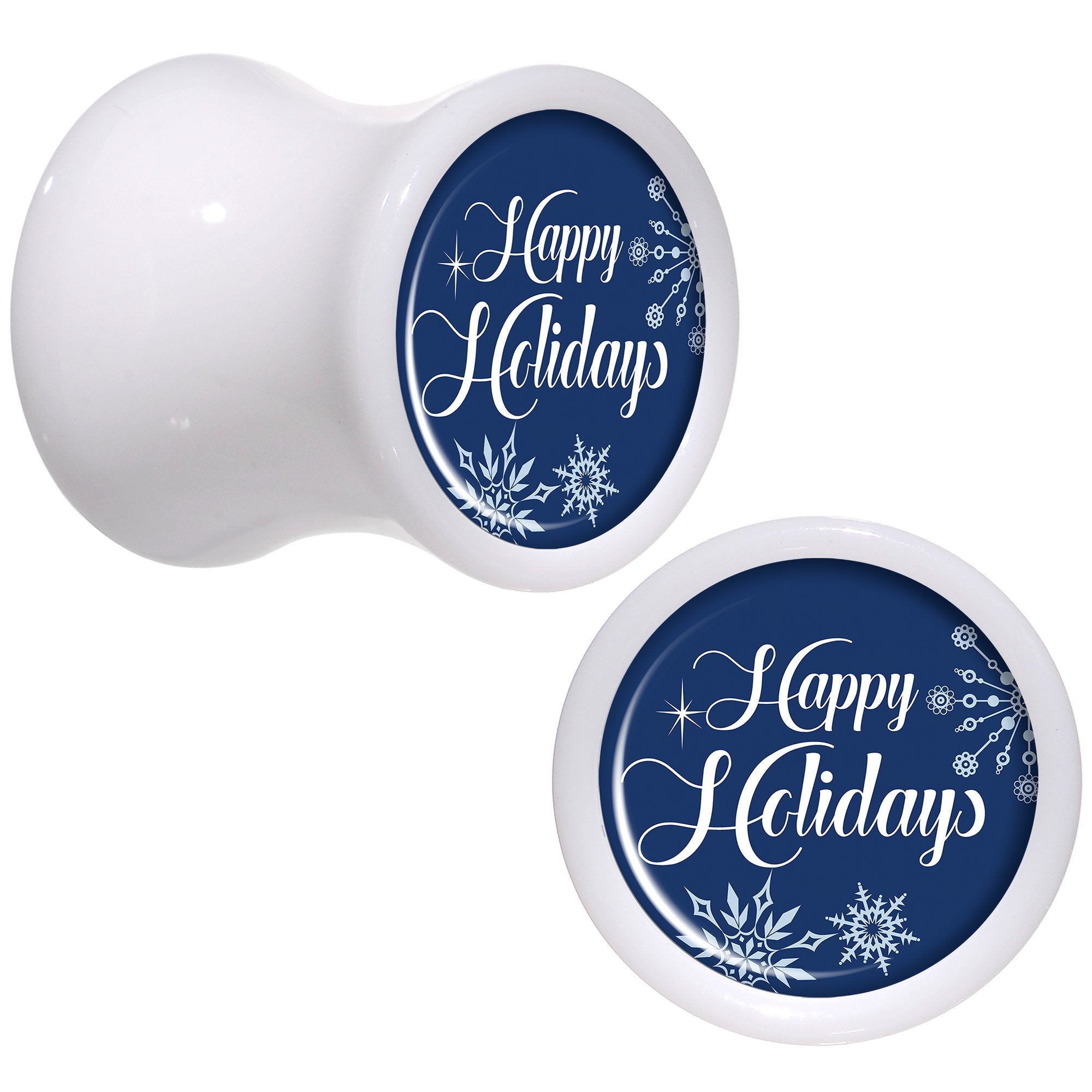 Happy Holidays Snowflake White Acrylic Saddle Plug Set Sizes 8mm to 20mm