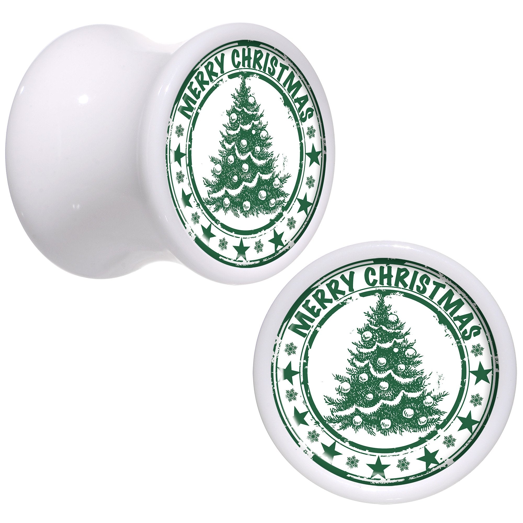 Merry Christmas Tree White Acrylic Saddle Plug Set Sizes 5mm to 20mm