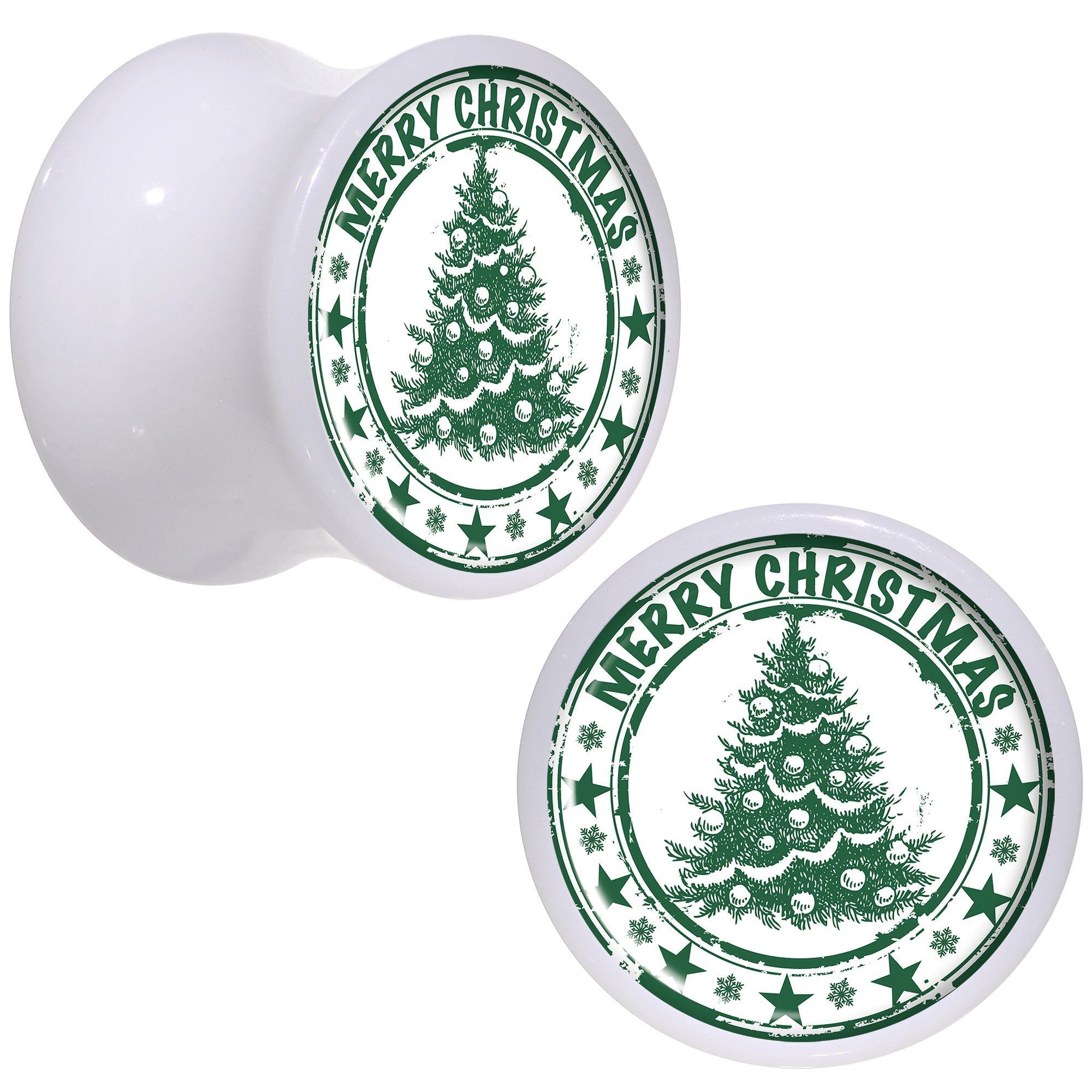 Merry Christmas Tree White Acrylic Saddle Plug Set Sizes 5mm to 20mm