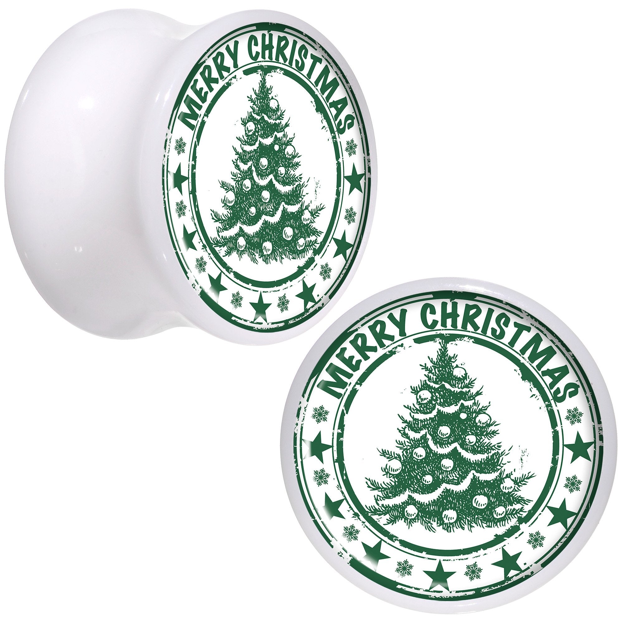 Merry Christmas Tree White Acrylic Saddle Plug Set Sizes 5mm to 20mm