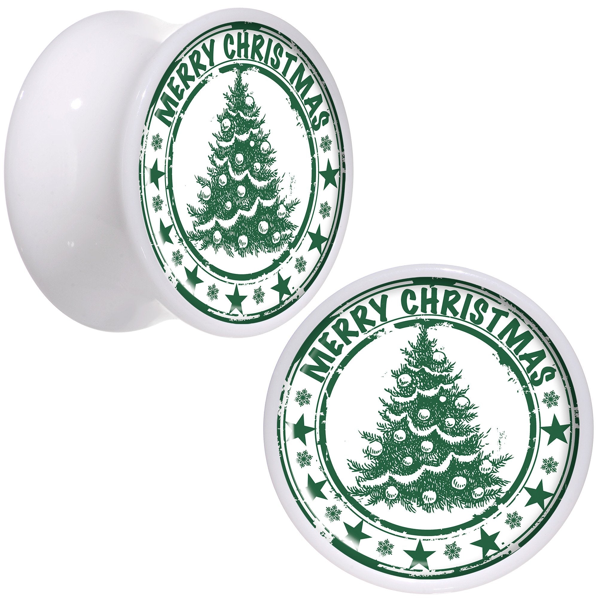 Merry Christmas Tree White Acrylic Saddle Plug Set Sizes 5mm to 20mm