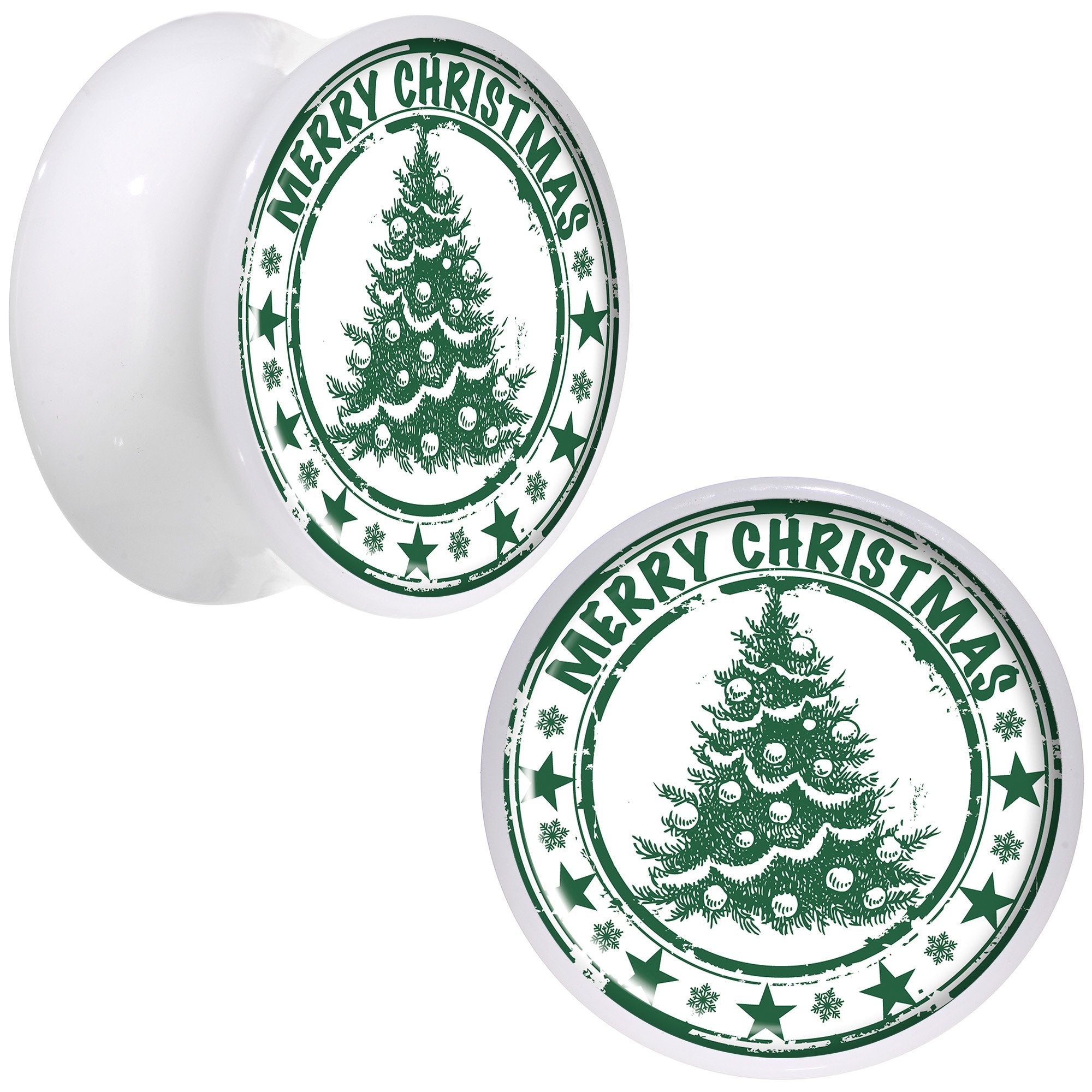 Merry Christmas Tree White Acrylic Saddle Plug Set Sizes 5mm to 20mm