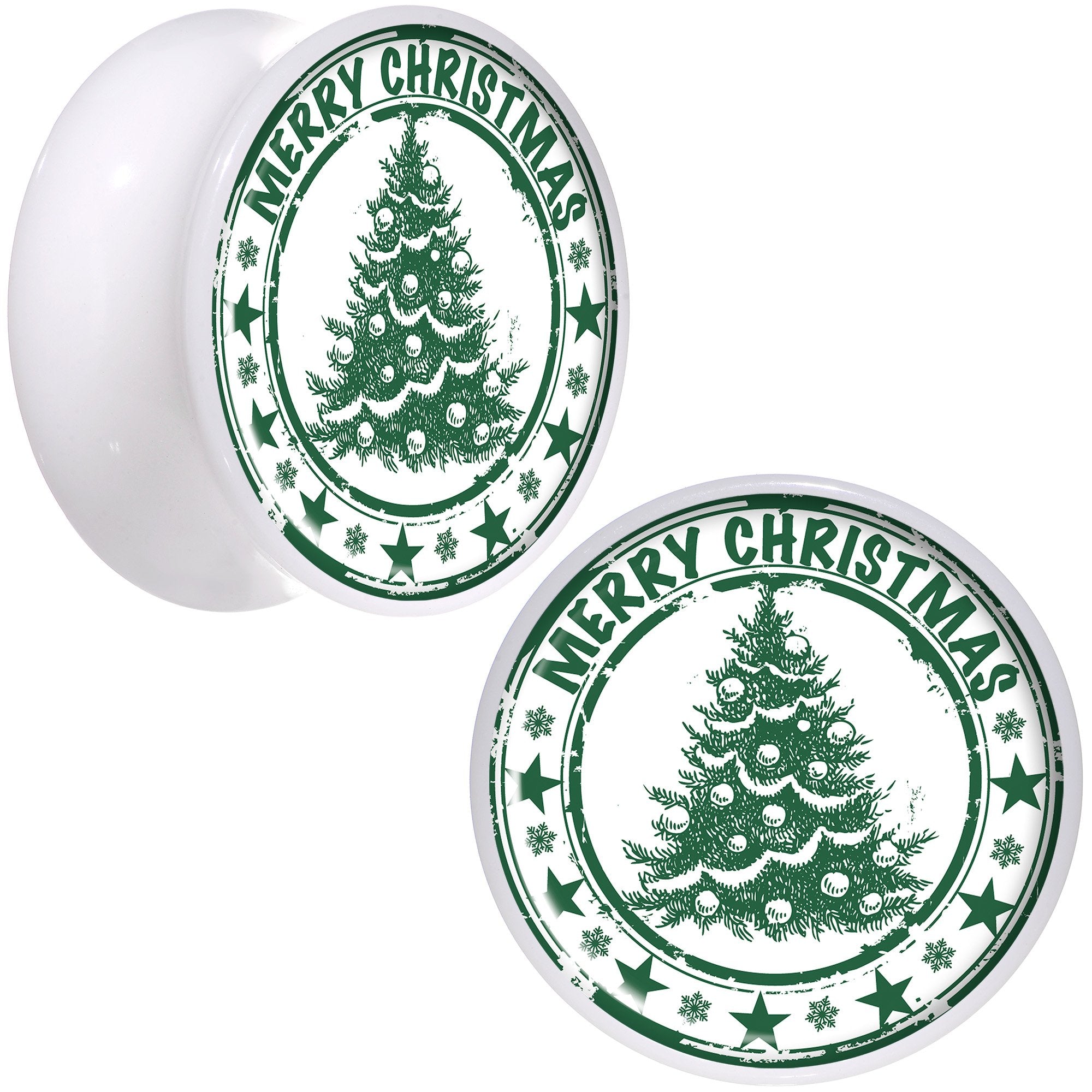 Merry Christmas Tree White Acrylic Saddle Plug Set Sizes 5mm to 20mm