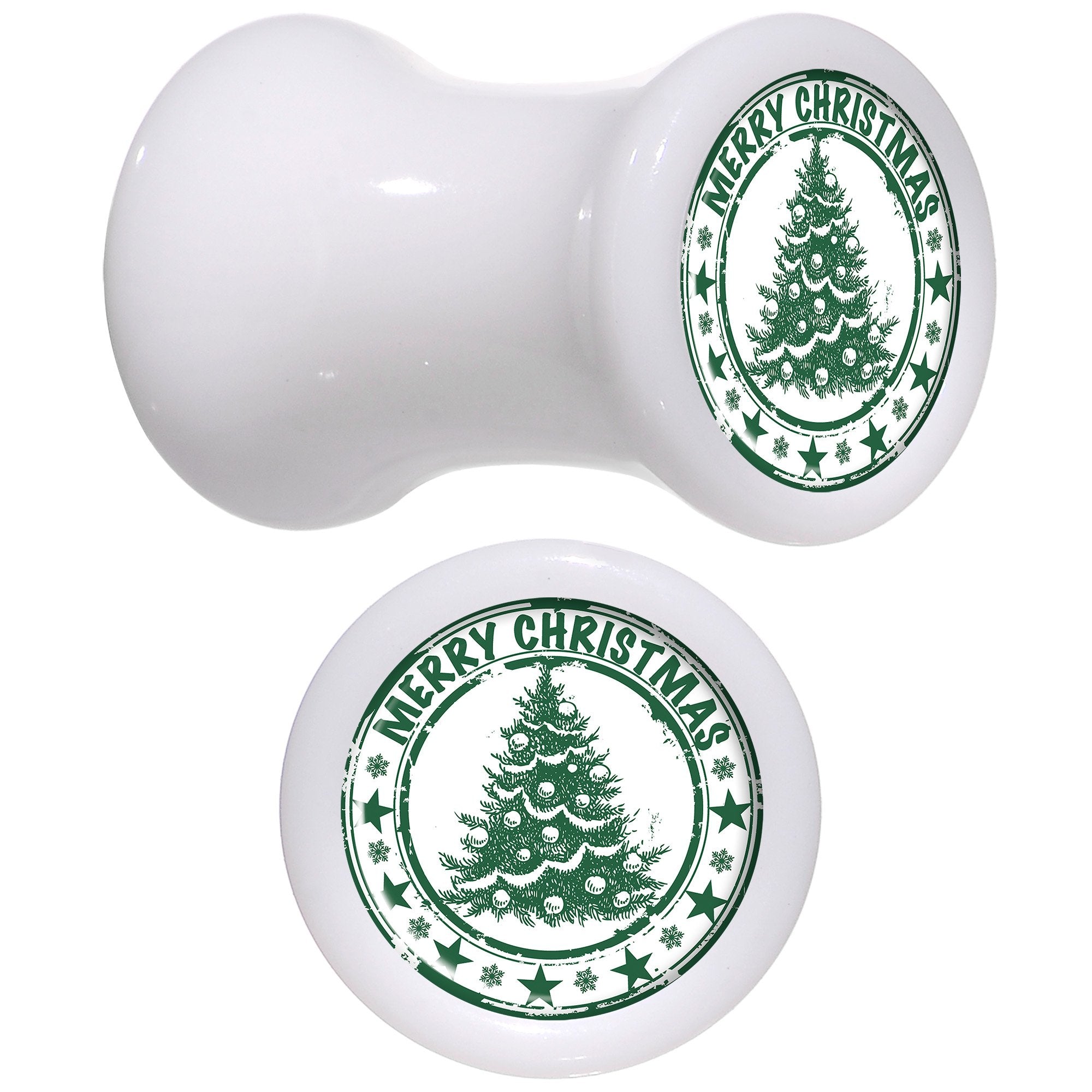 Merry Christmas Tree White Acrylic Saddle Plug Set Sizes 5mm to 20mm