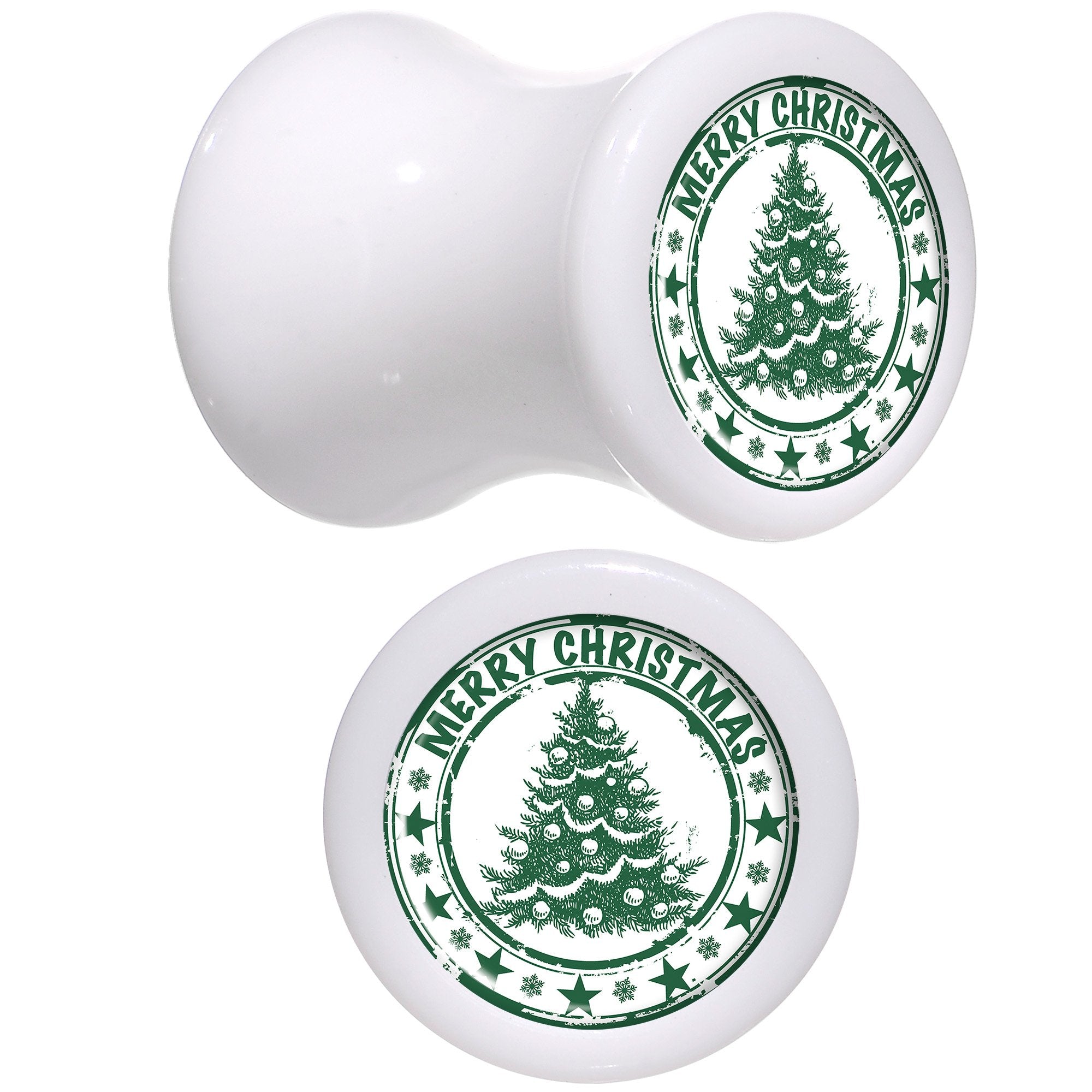 Merry Christmas Tree White Acrylic Saddle Plug Set Sizes 5mm to 20mm