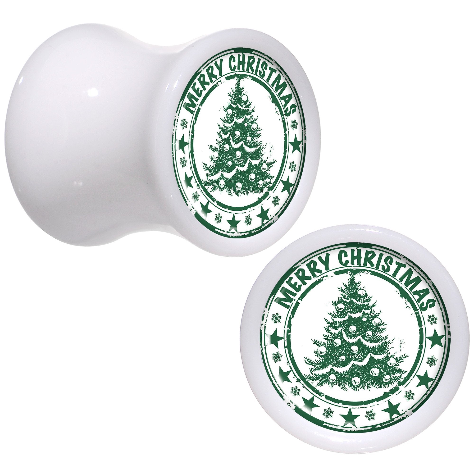 Merry Christmas Tree White Acrylic Saddle Plug Set Sizes 5mm to 20mm