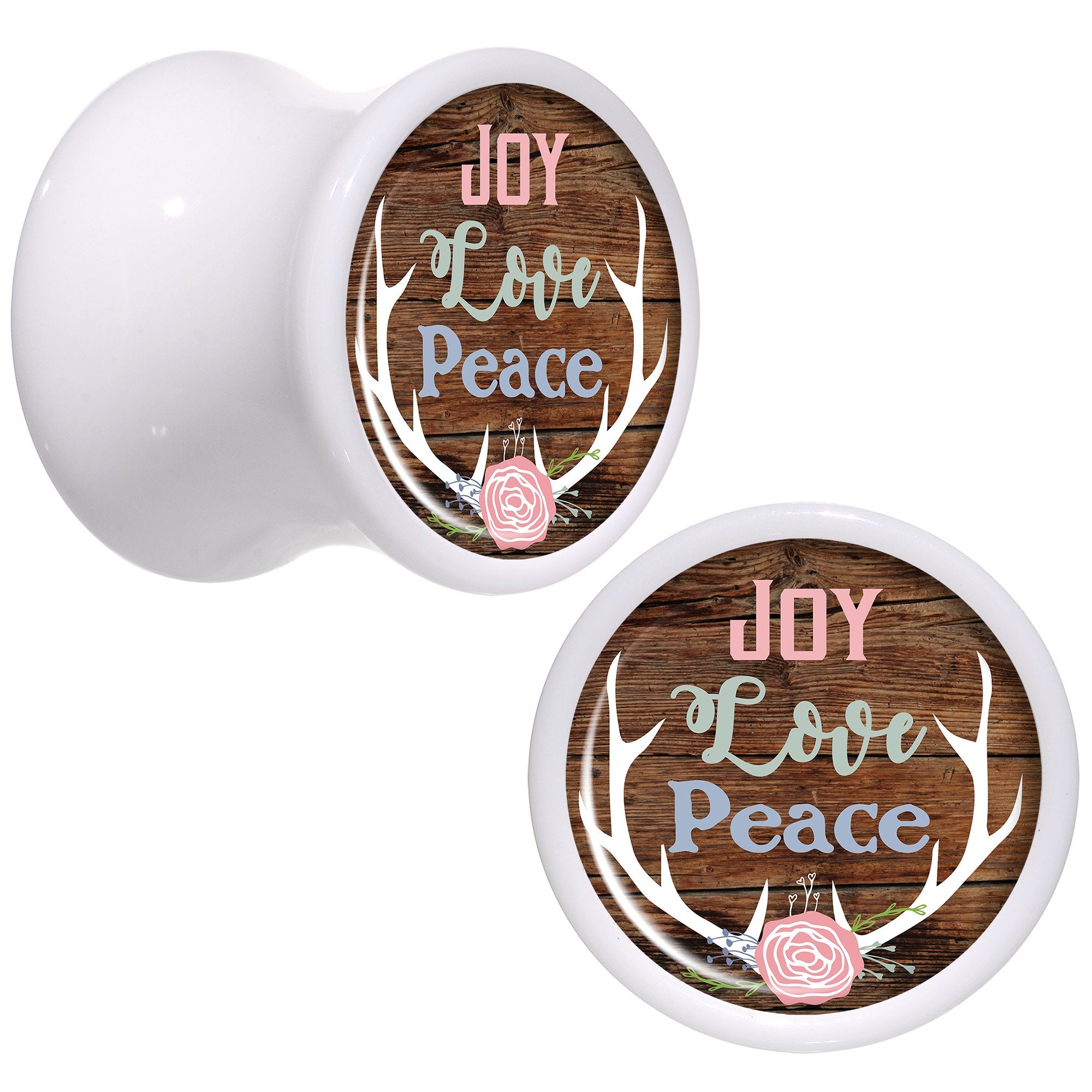 Rustic Joy Love Peace Antlers White Acrylic Saddle Plug Set Sizes 5mm to 20mm