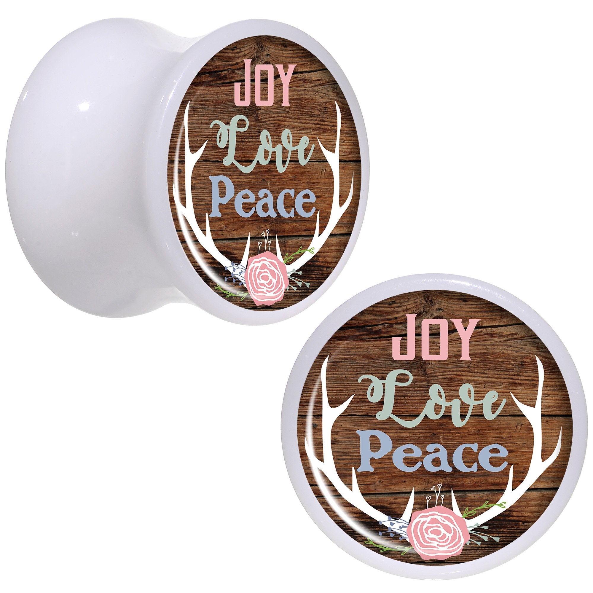 Rustic Joy Love Peace Antlers White Acrylic Saddle Plug Set Sizes 5mm to 20mm