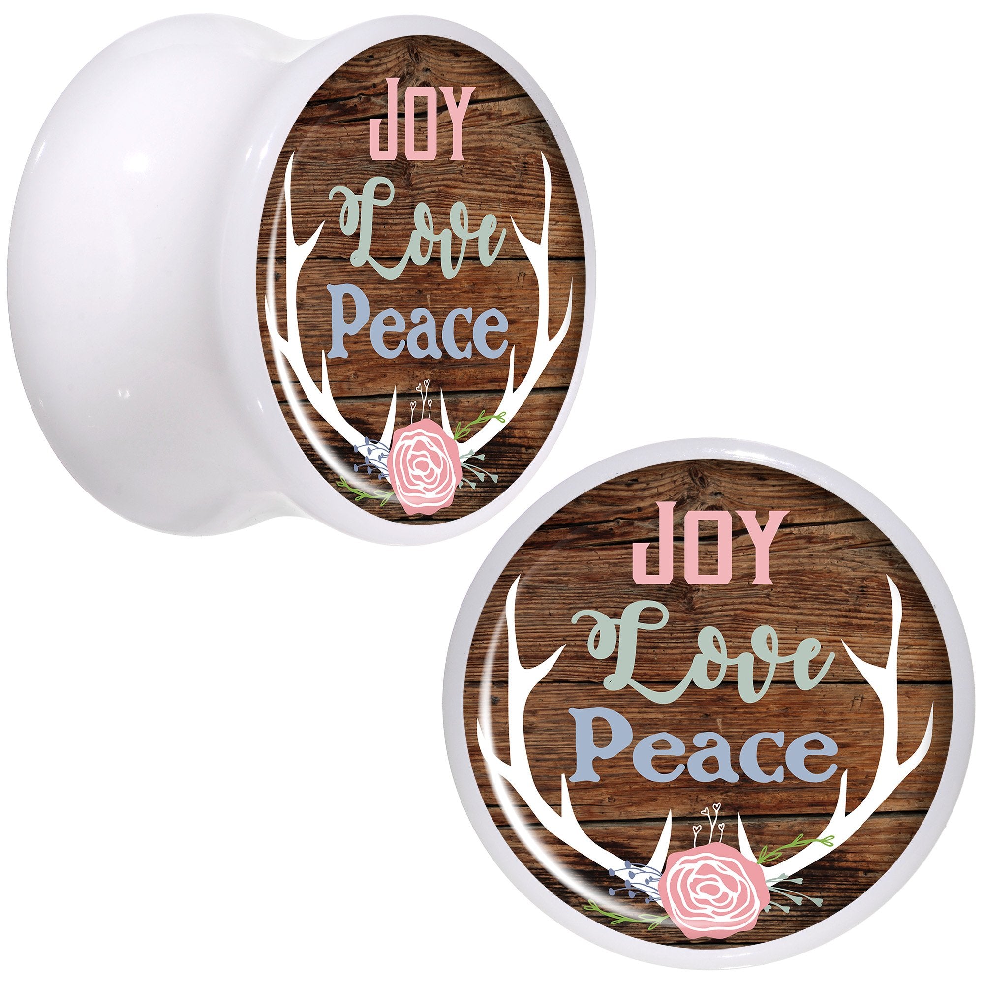 Rustic Joy Love Peace Antlers White Acrylic Saddle Plug Set Sizes 5mm to 20mm